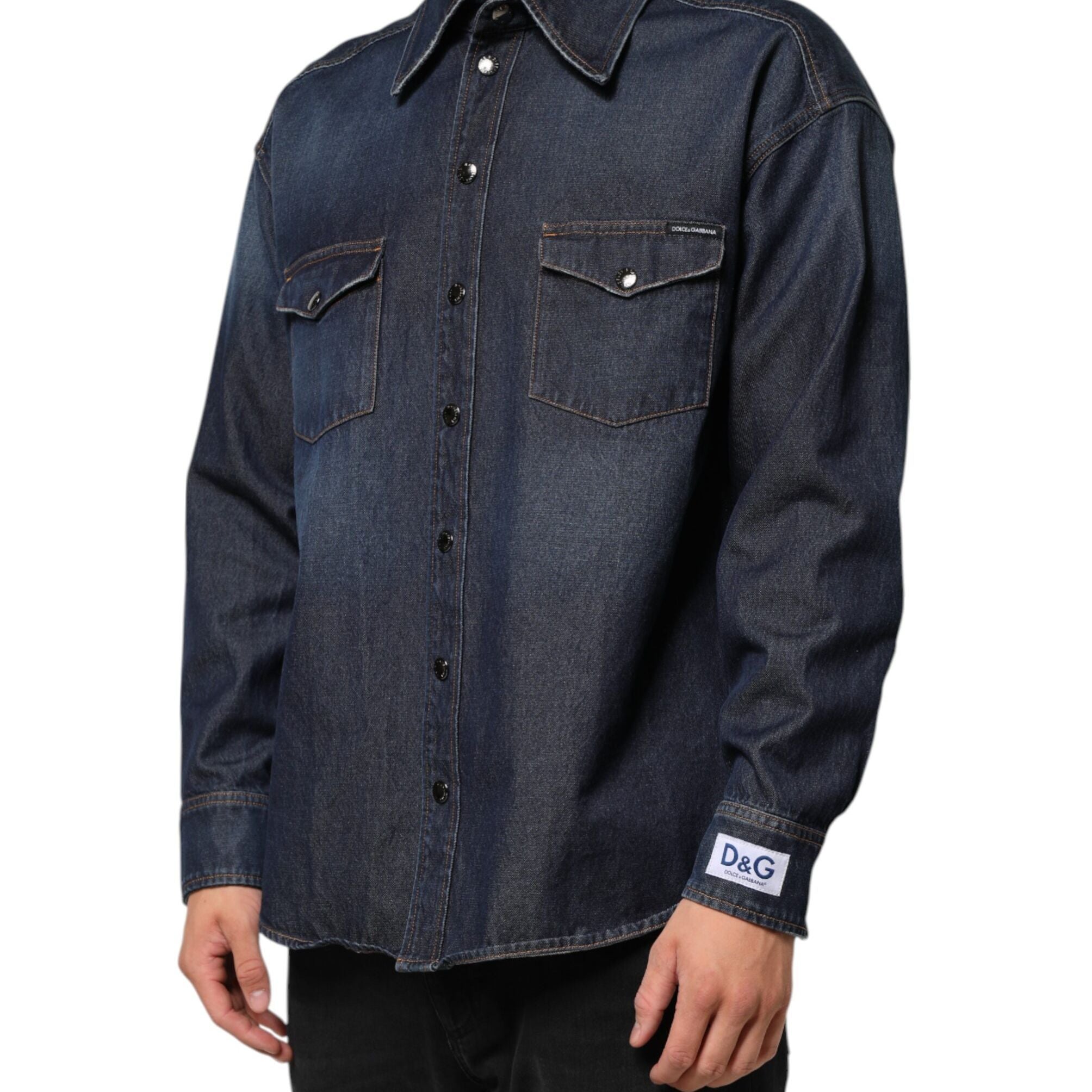 Dolce & Gabbana Blue Denim Button Casual Logo Patch Men Shirt