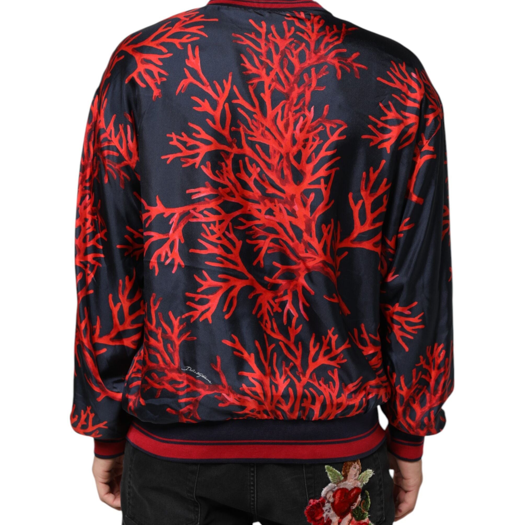Dolce & Gabbana Silk Navy Red Coral Print Pullover Sweater