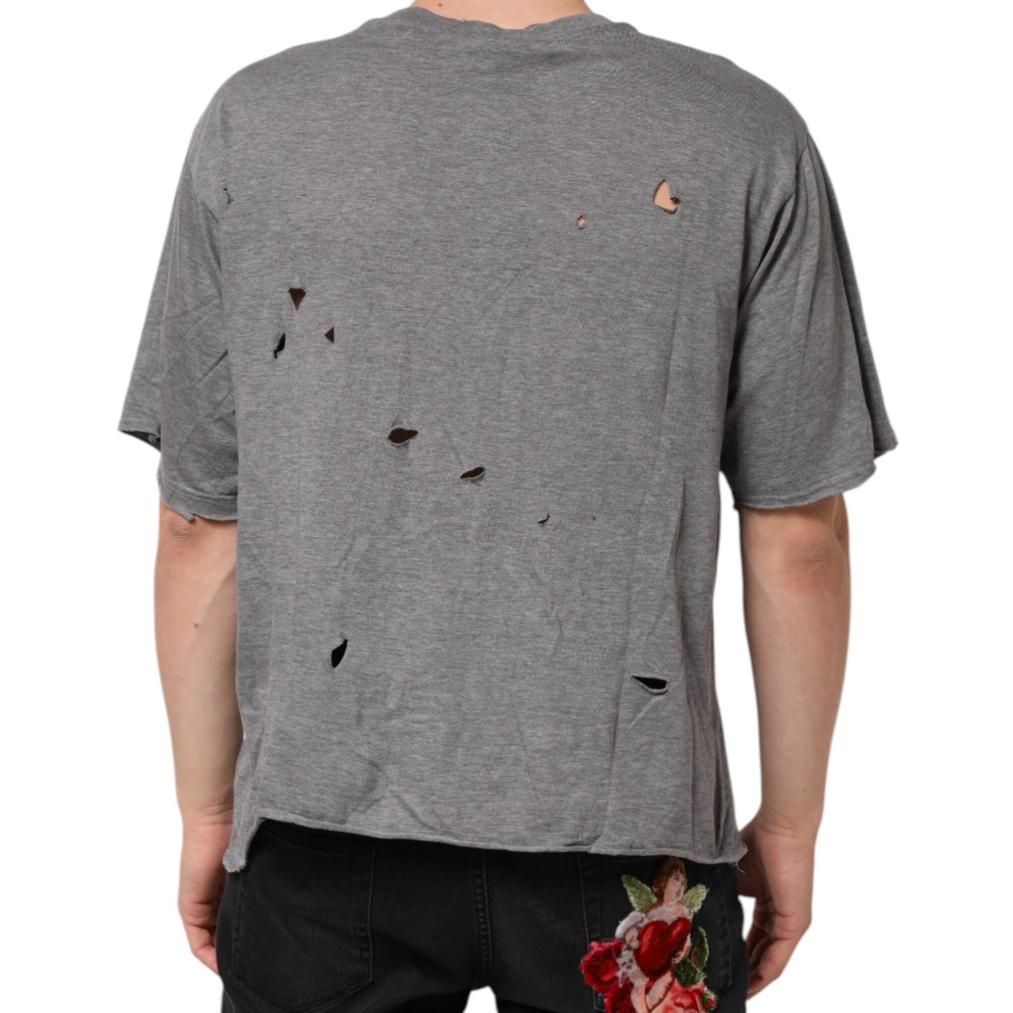 Dolce & Gabbana Gray Cotton Tattered Logo Patch Men T-shirt