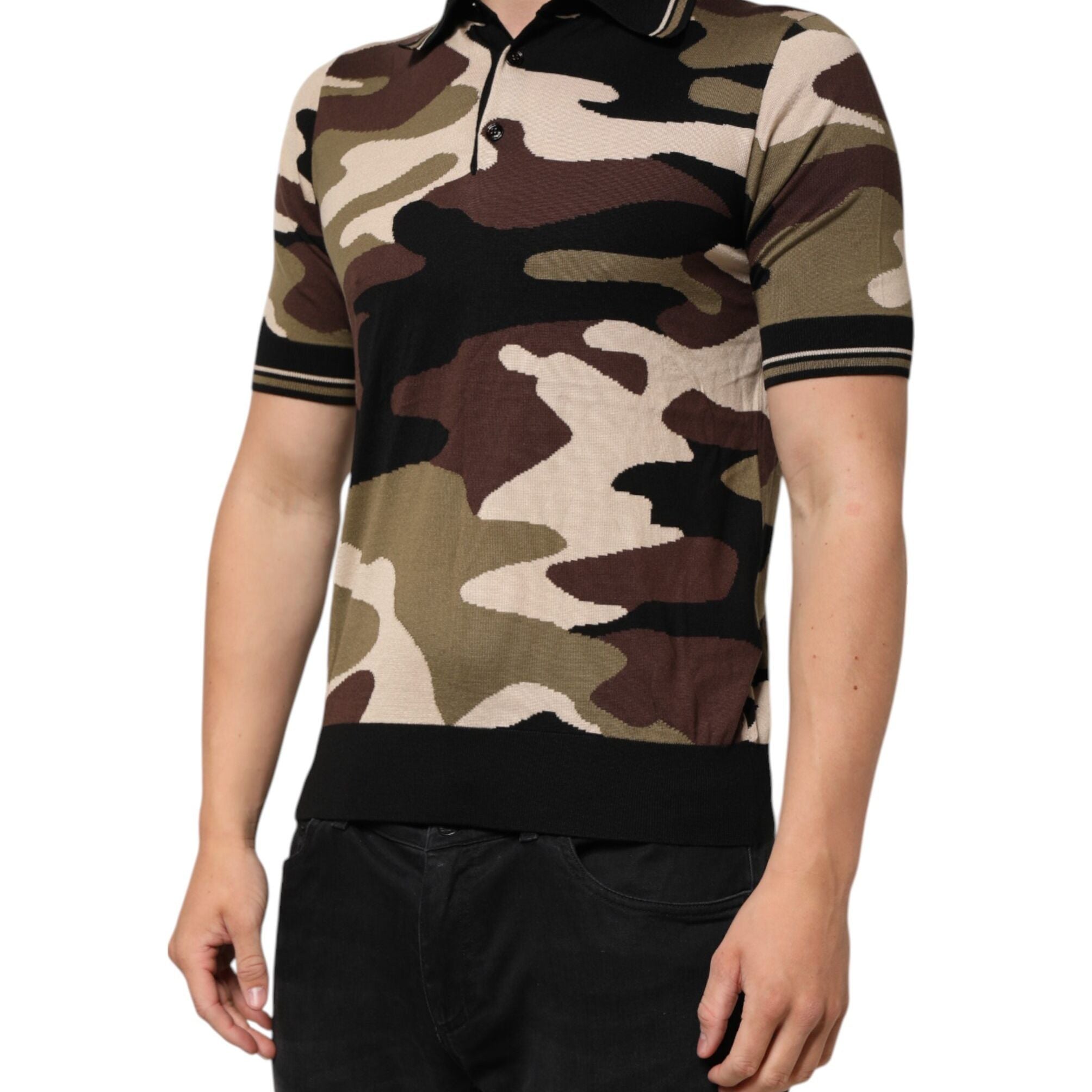 Dolce & Gabbana Camouflage Brown Silk MilitaryPolo T-shirt