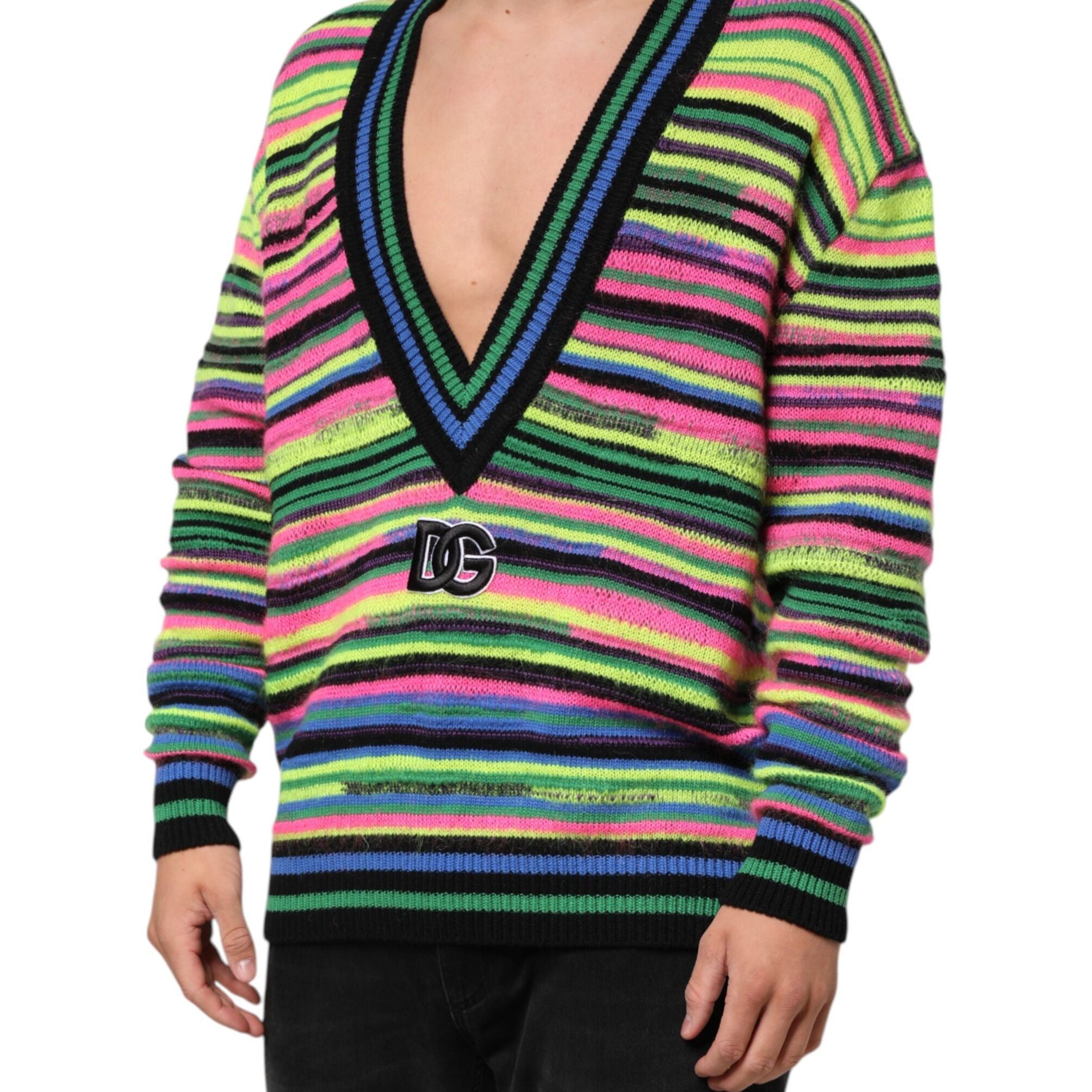 Dolce & Gabbana Multicolor DG Logo V-Neck Knit Pullover Sweater