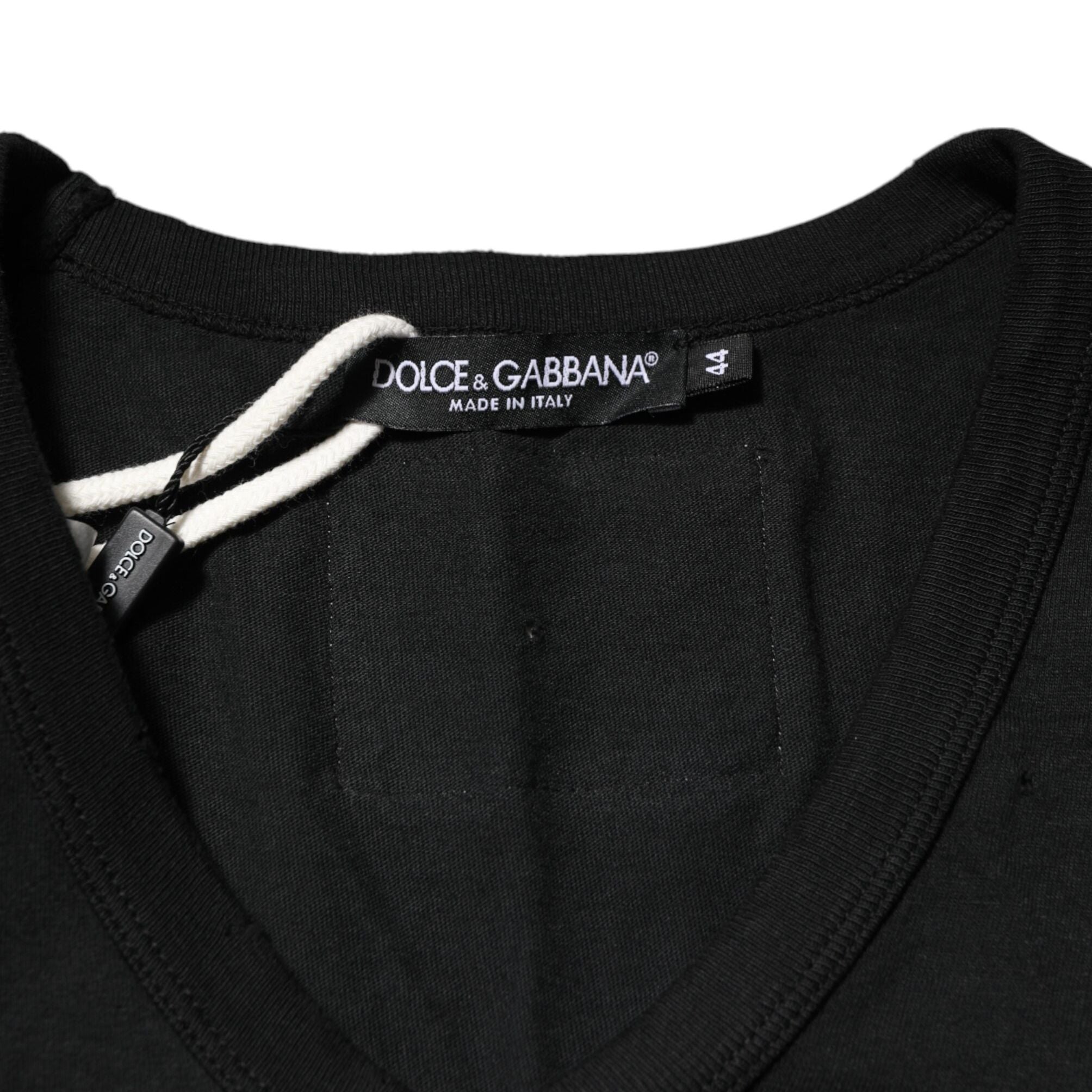 Dolce & Gabbana Black Cotton Tattered Logo V-Neck Men T-shirt