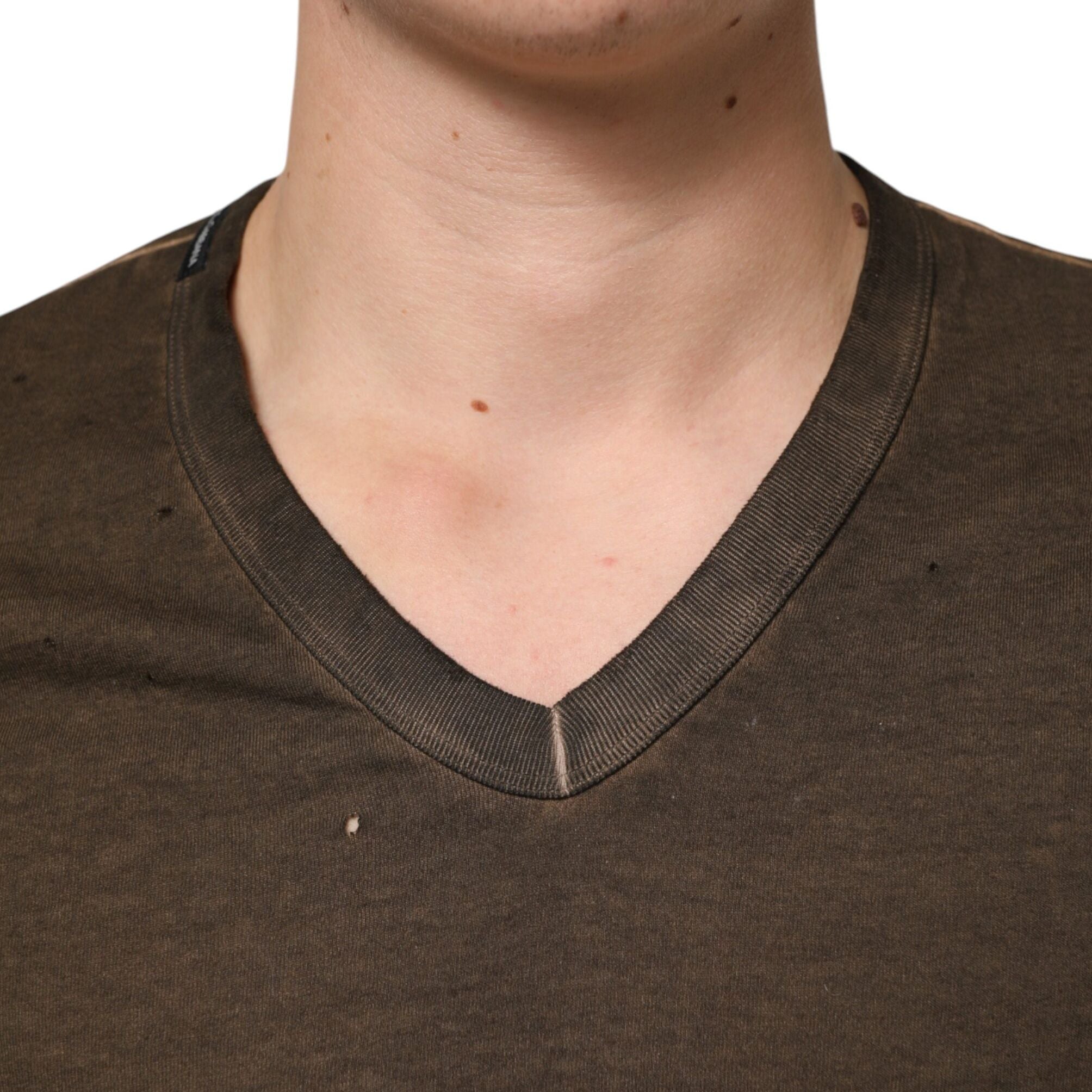 Dolce & Gabbana Dark Brown Cotton Tattered Logo Men T-shirt