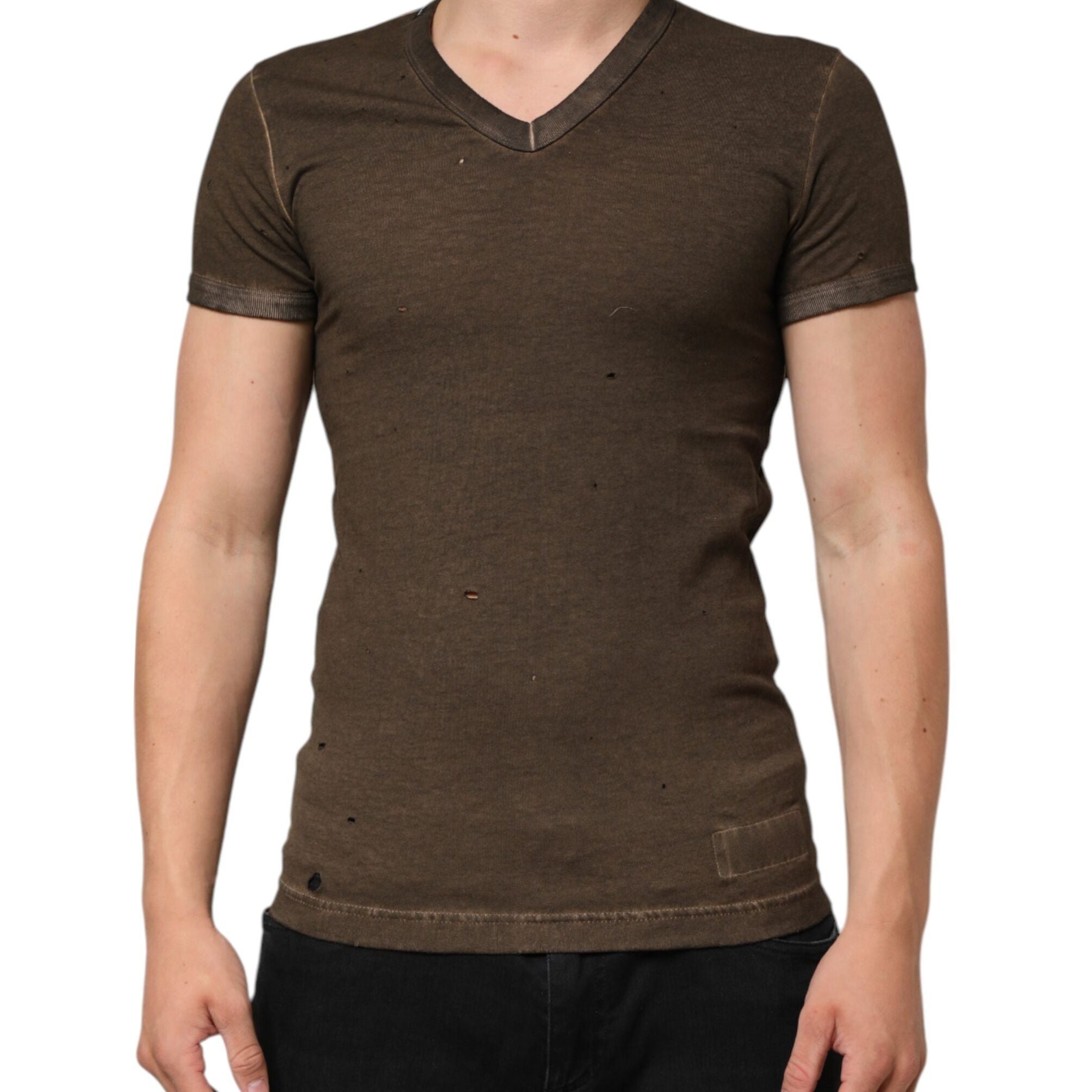 Dolce & Gabbana Dark Brown Cotton Tattered Logo Men T-shirt