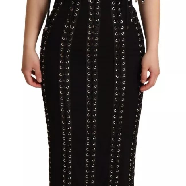 Dolce & Gabbana Black Cady Sleeveless Lace Up Bodycon Dress