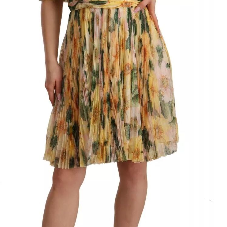 Dolce & Gabbana Yellow Floral Print Pleated Maxi Dress