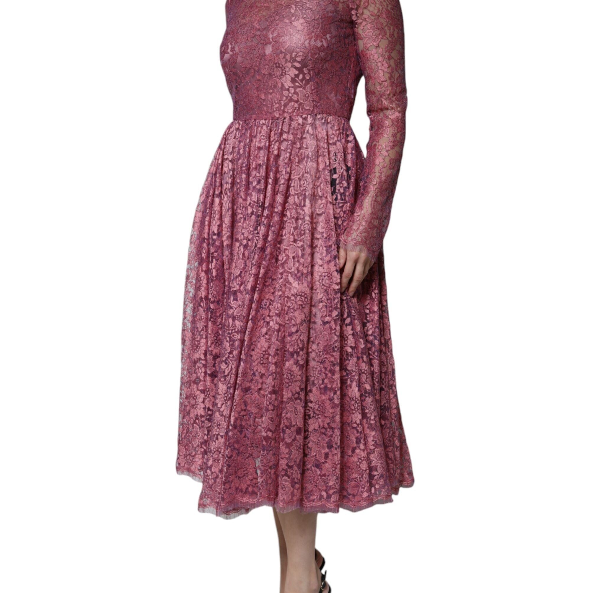 Dolce & Gabbana Pink Floral Lace Long Sleeve Midi Dress