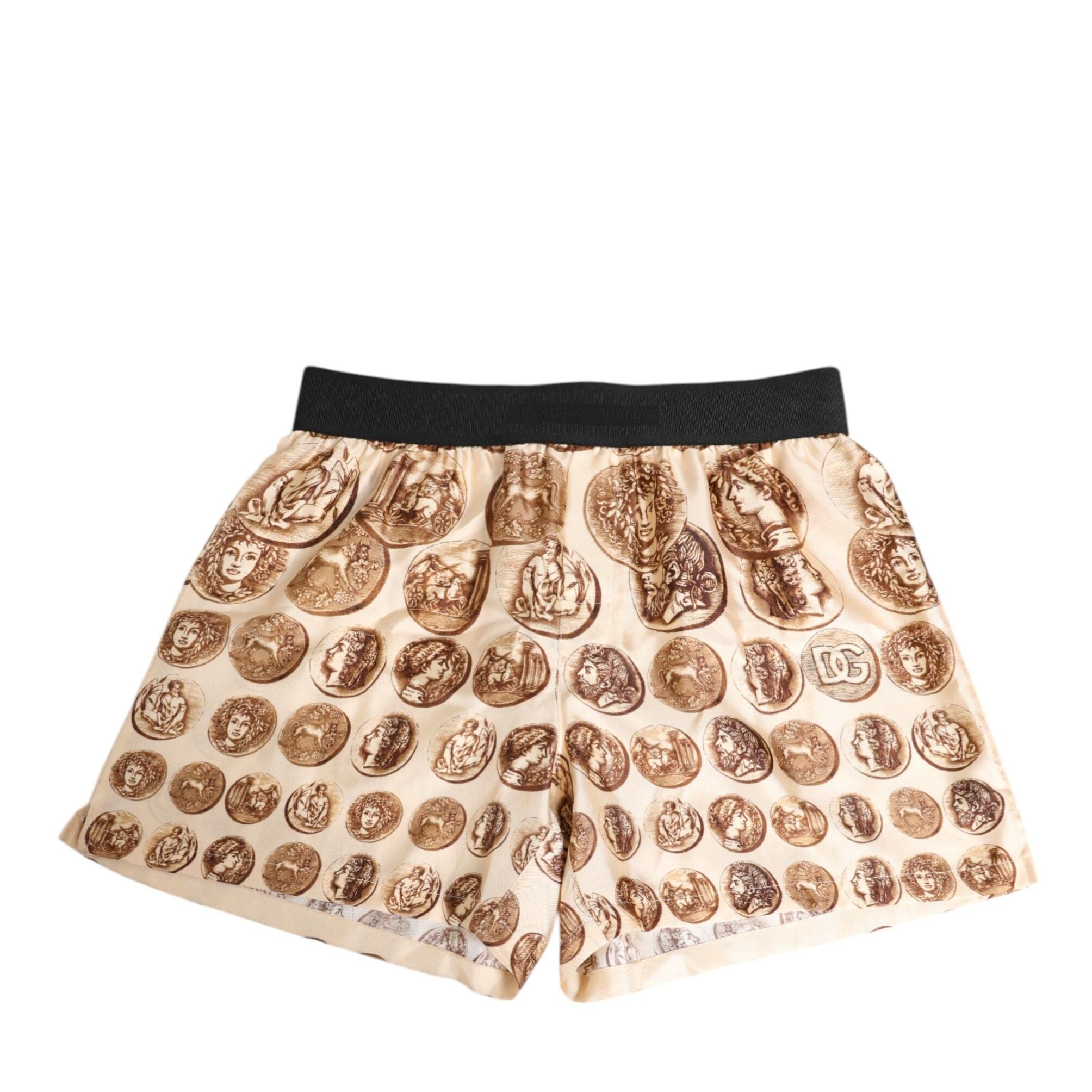 Dolce & Gabbana Brown Ancient Coin Print Silk Shorts Swimwear