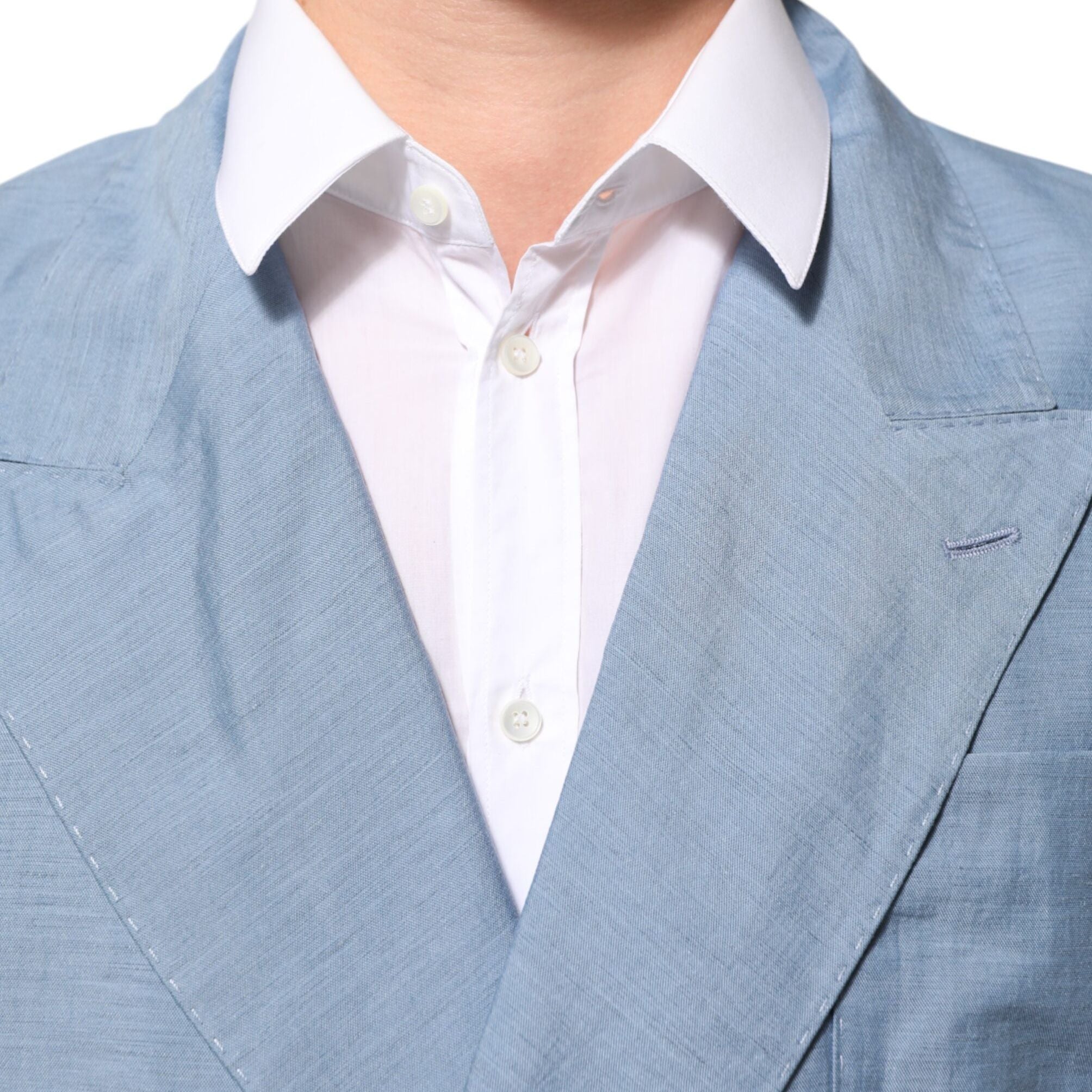 Dolce & Gabbana Light Blue Linen Double Breasted Men Jacket Blazer