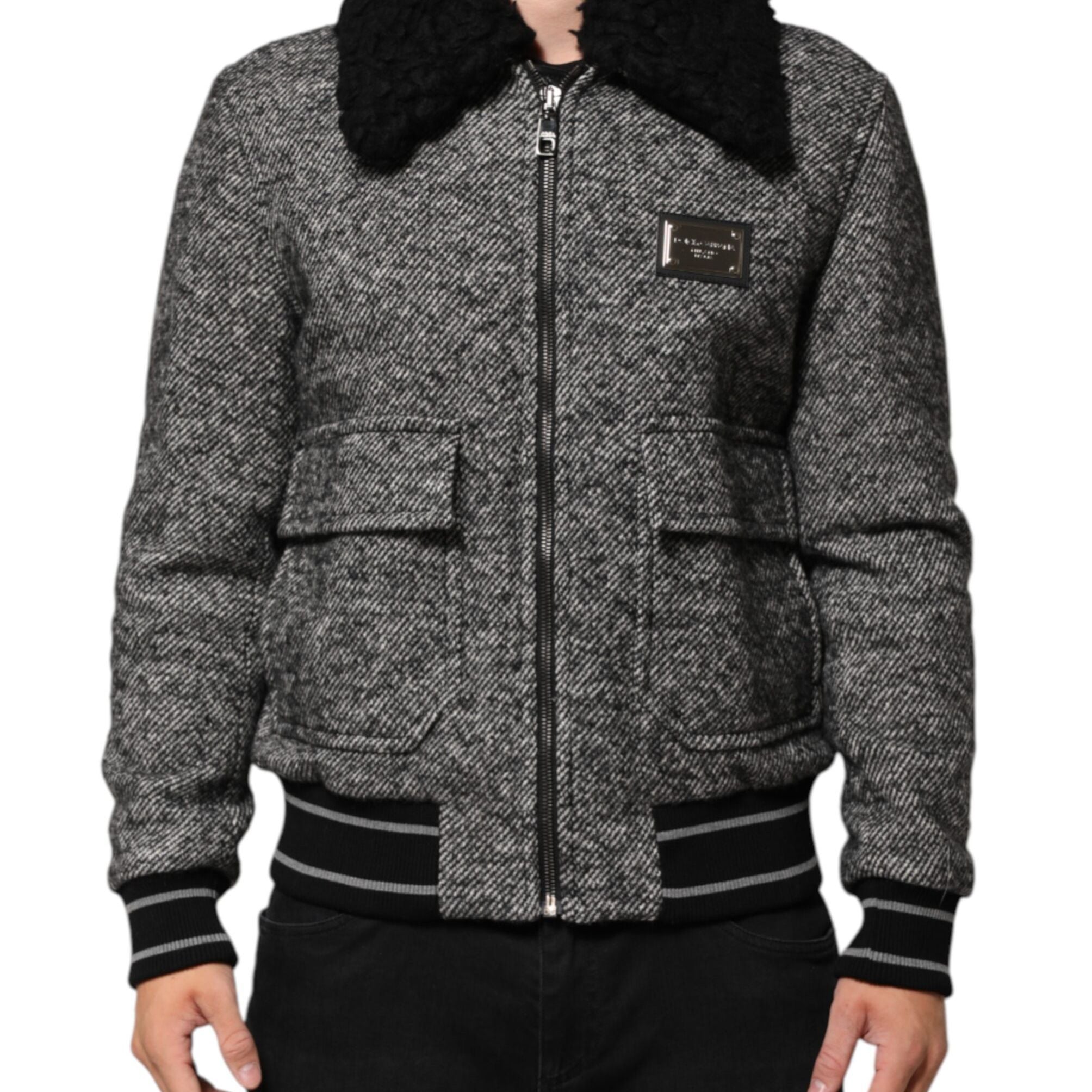 Dolce & Gabbana Gray Wool Herringbone Shearling Collar Bomber Jacket