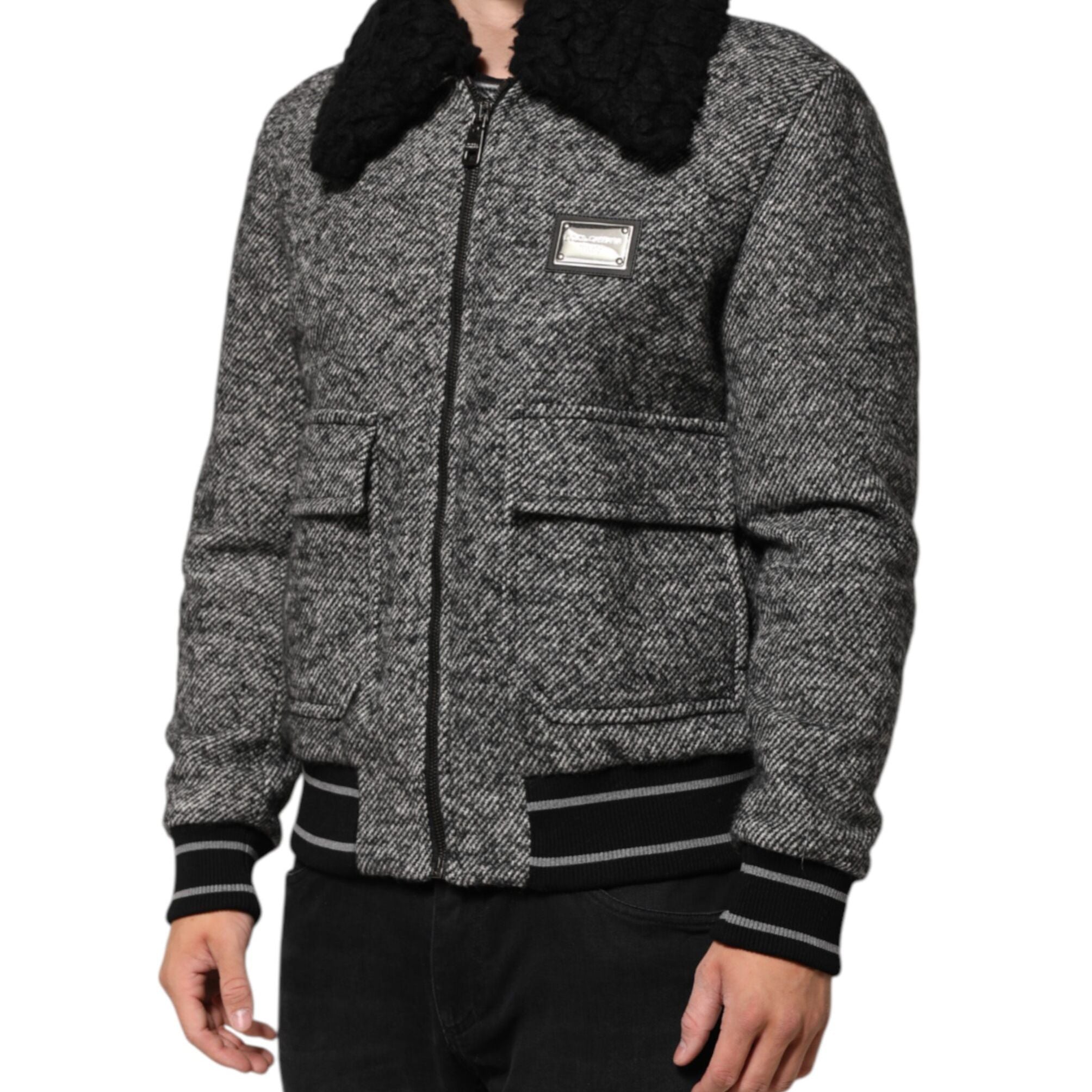 Dolce & Gabbana Gray Wool Herringbone Shearling Collar Bomber Jacket