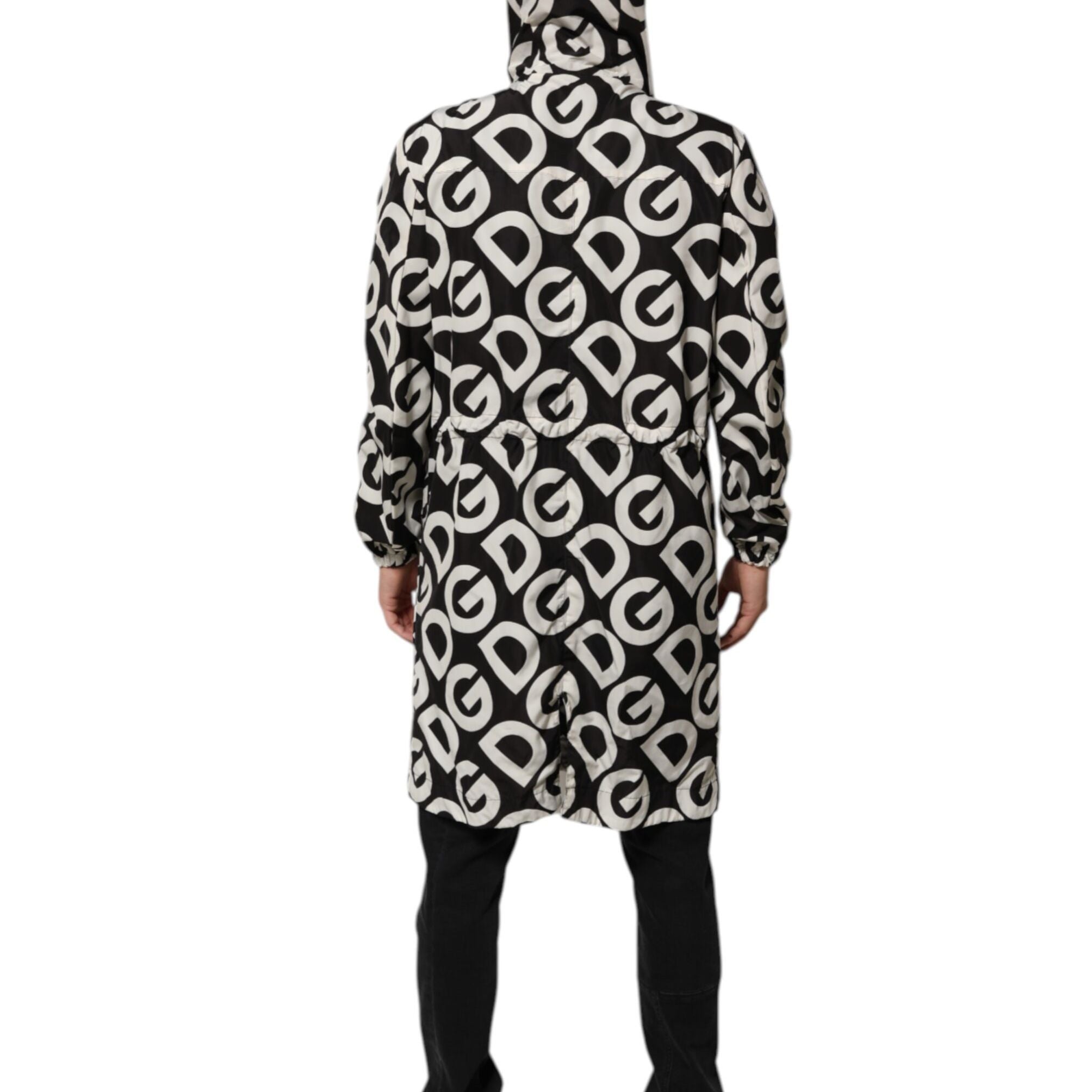 Dolce & Gabbana Black White Logo Print Hooded Coat Men Jacket