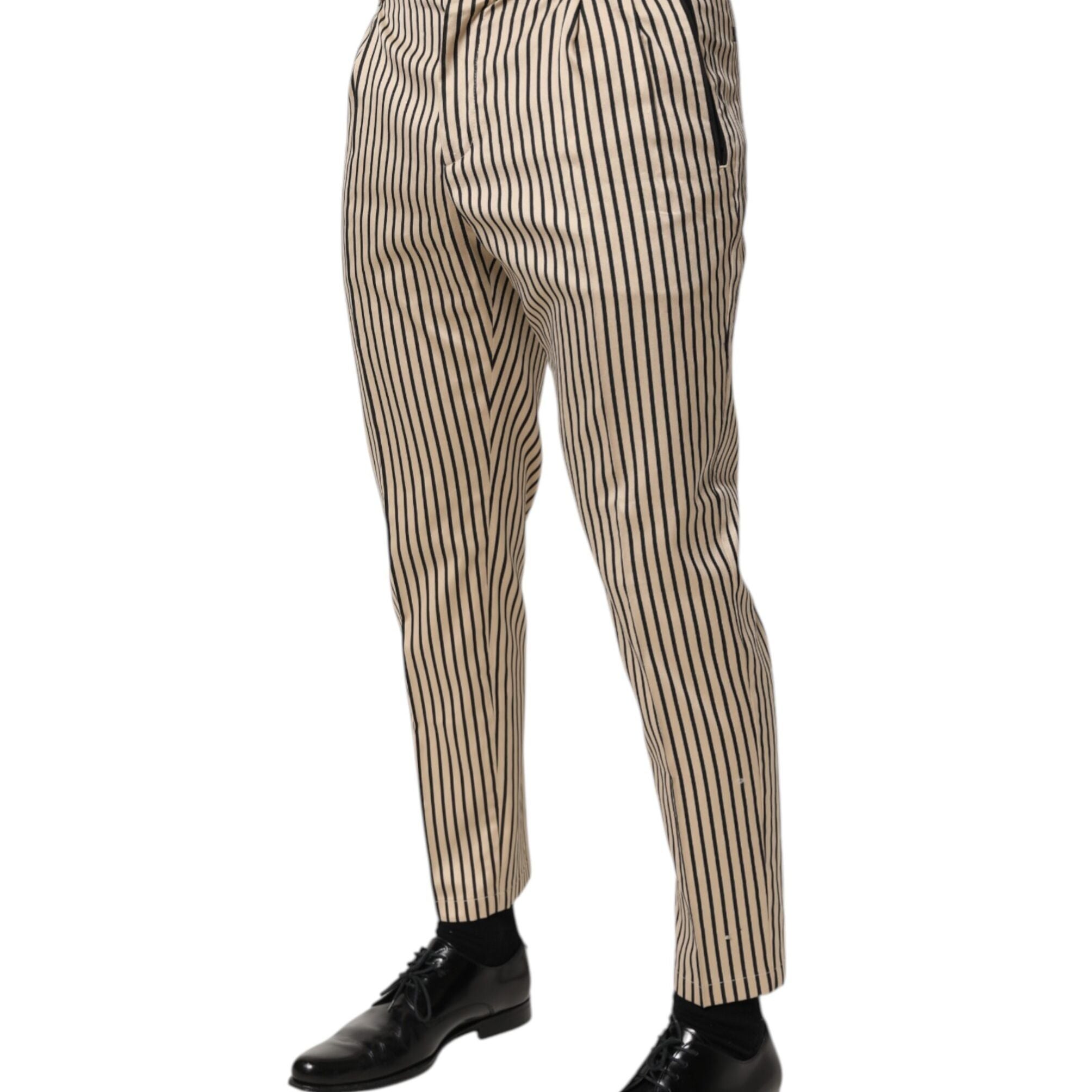 Dolce & Gabbana Beige Black Striped Cotton Slim Fit Trousers Pants