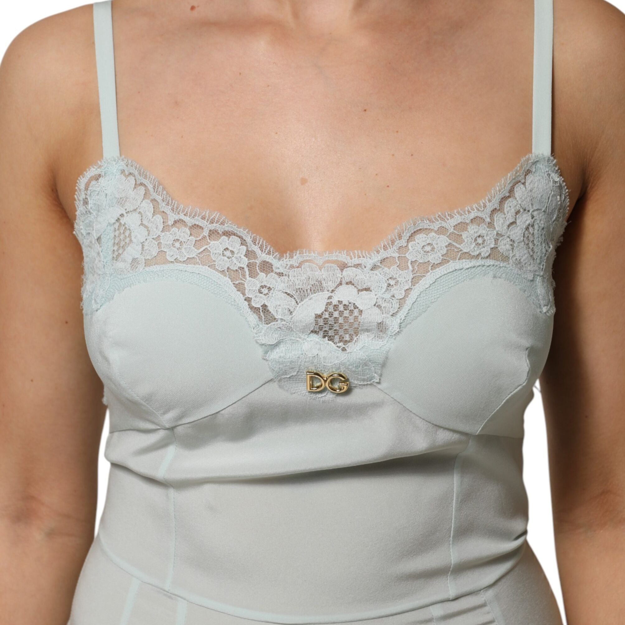 Dolce & Gabbana Light Blue Silk Lace Midi Bodycon Slip Dress