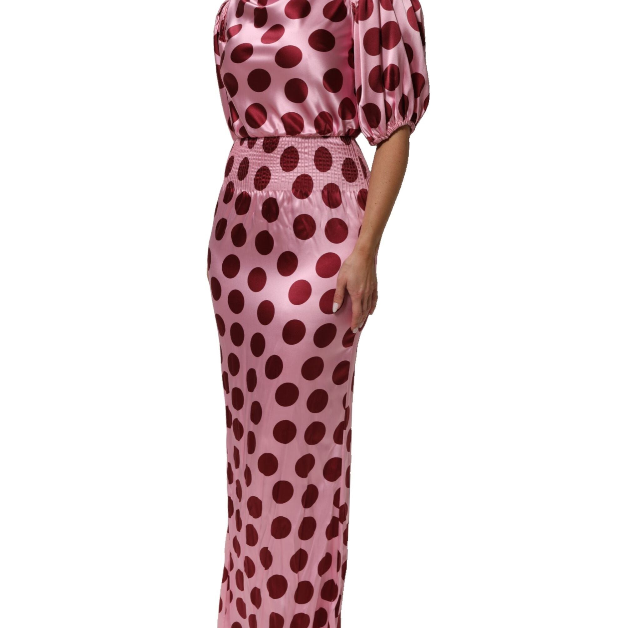Dolce & Gabbana Pink Red Polka Dot Silk Satin Maxi Gown Dress
