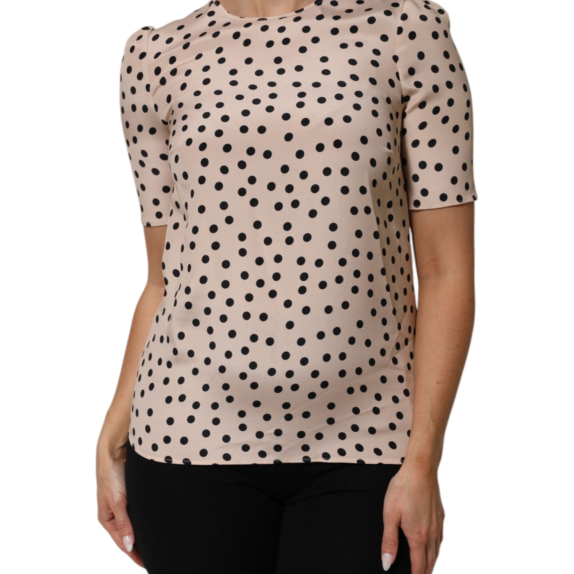 Dolce & Gabbana Beige Black Polka Dot Silk Short Sleeve Blouse Top