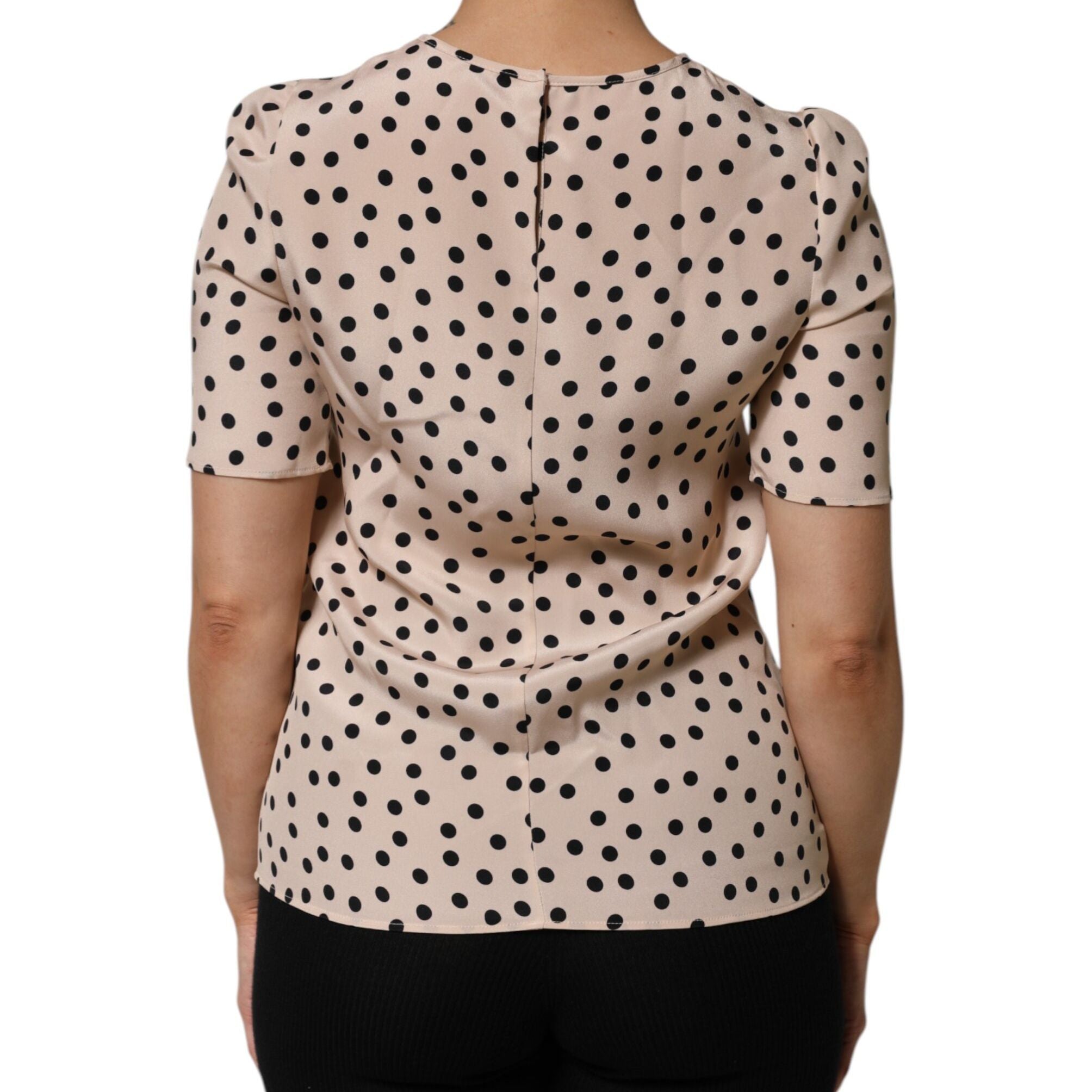 Dolce & Gabbana Beige Black Polka Dot Silk Short Sleeve Blouse Top