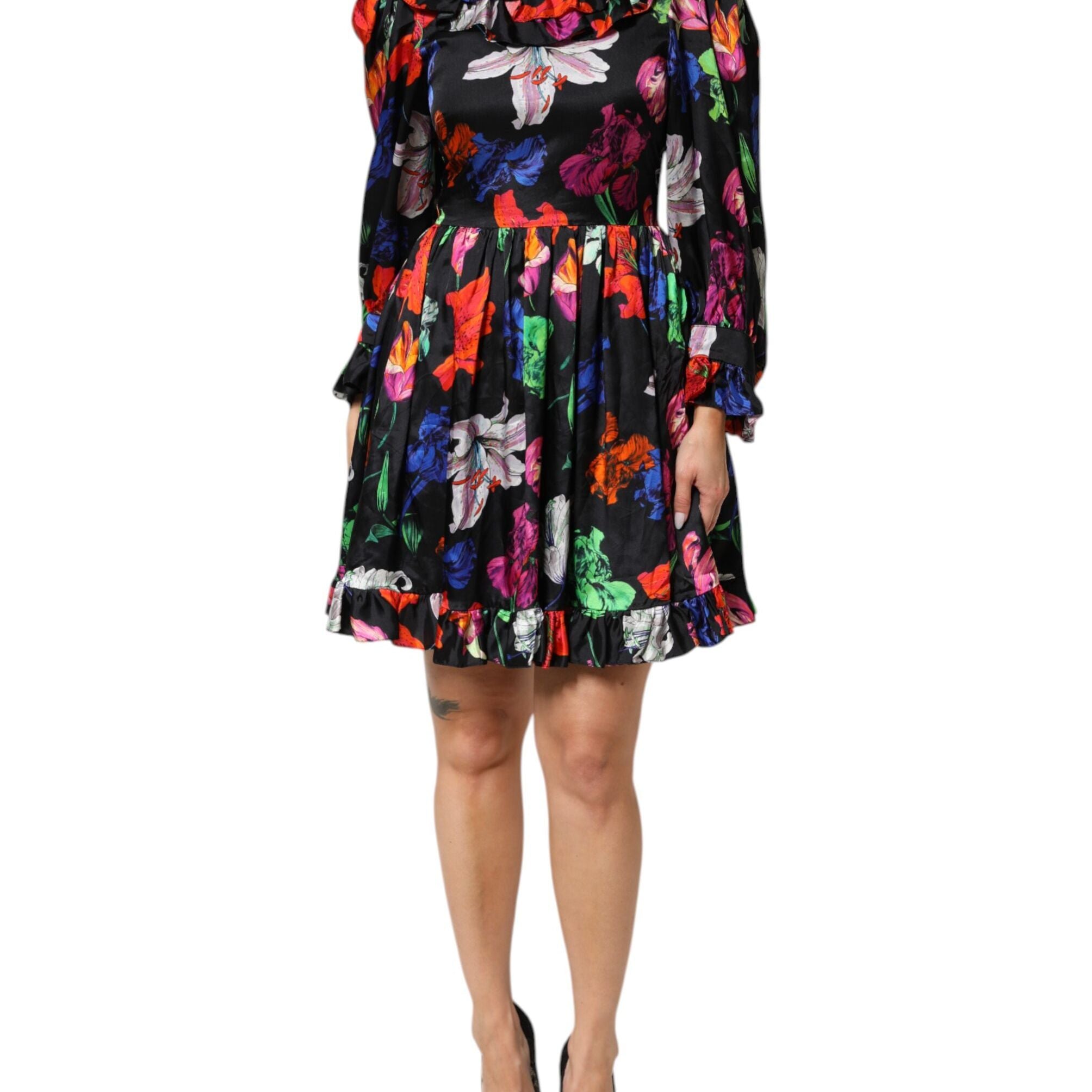 MSGM Dress Black Multicolor Floral Ruffle Long Sleeve Mini Dress