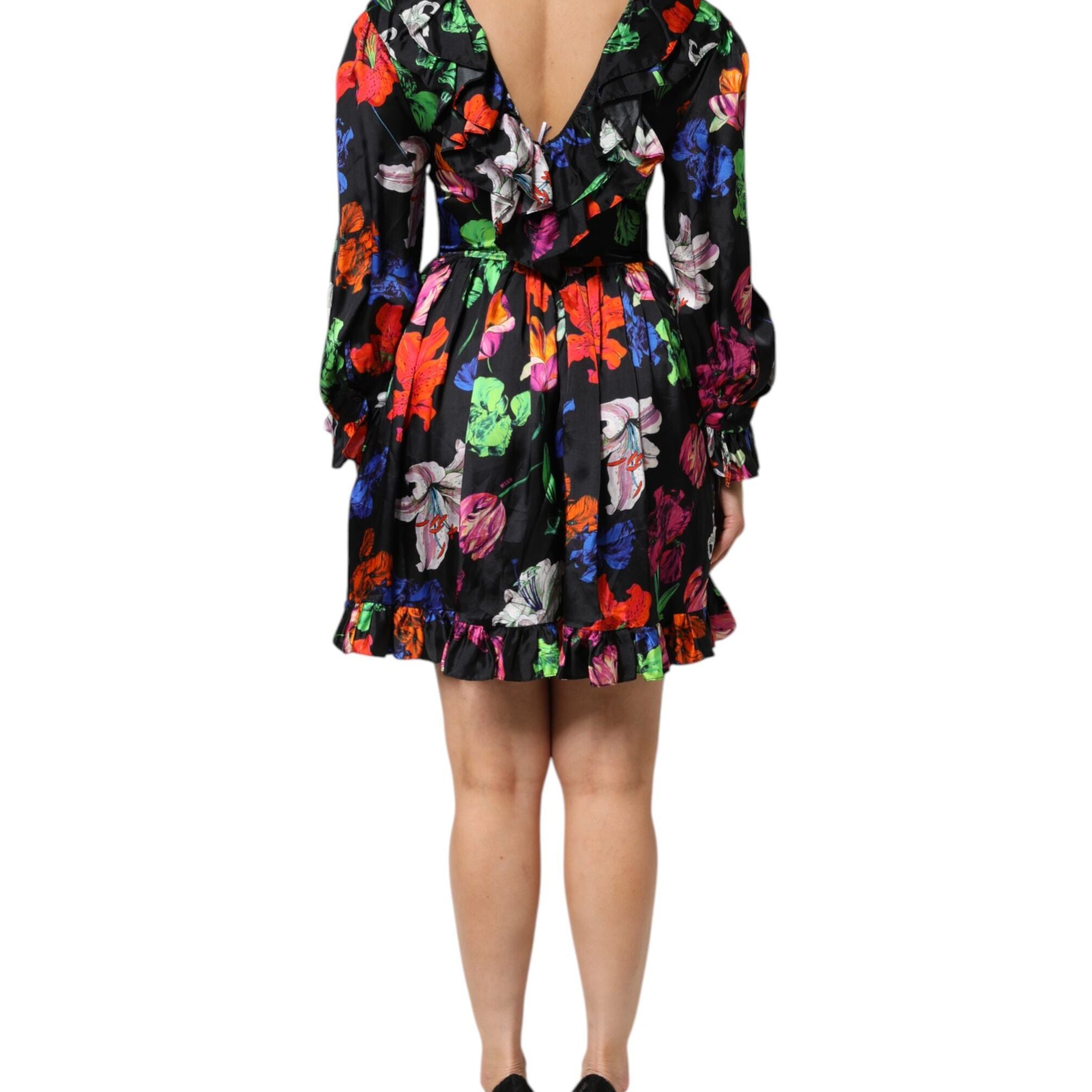 MSGM Dress Black Multicolor Floral Ruffle Long Sleeve Mini Dress