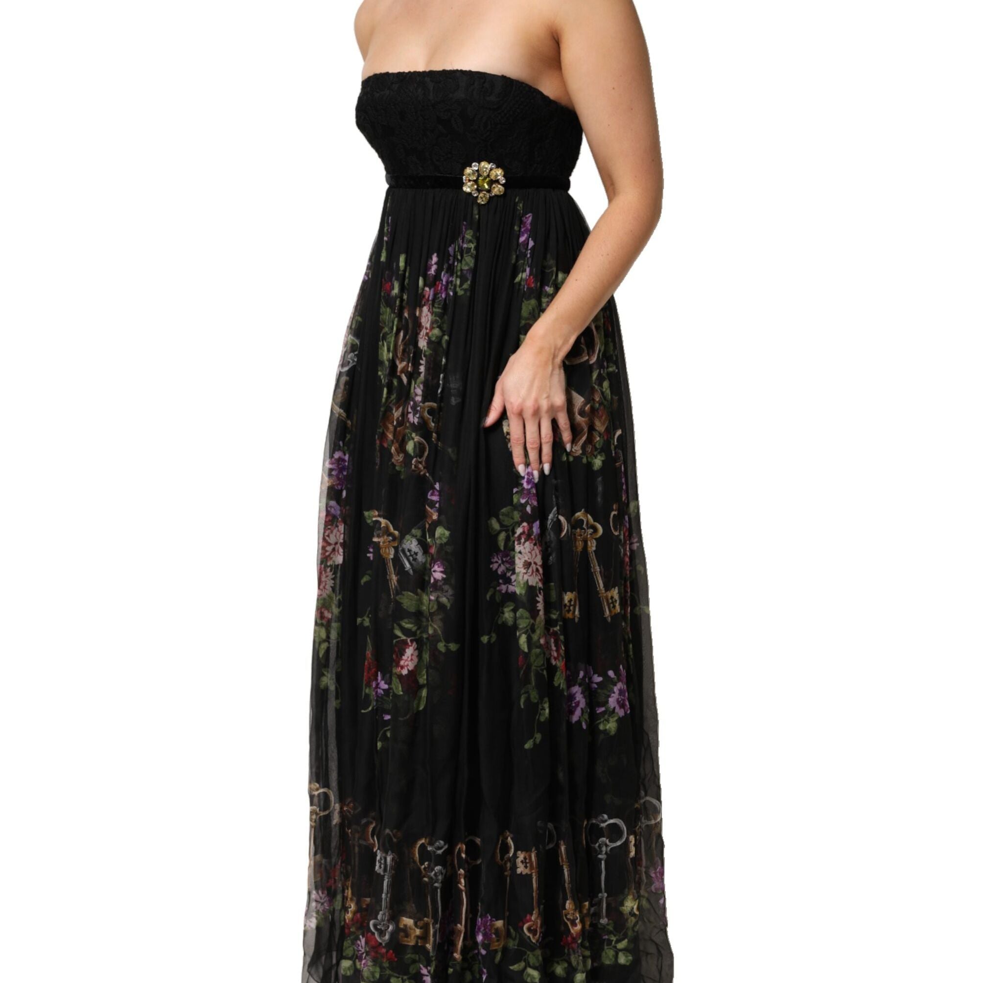Dolce & Gabbana Black Floral Key Print Crystal Strapless Dress