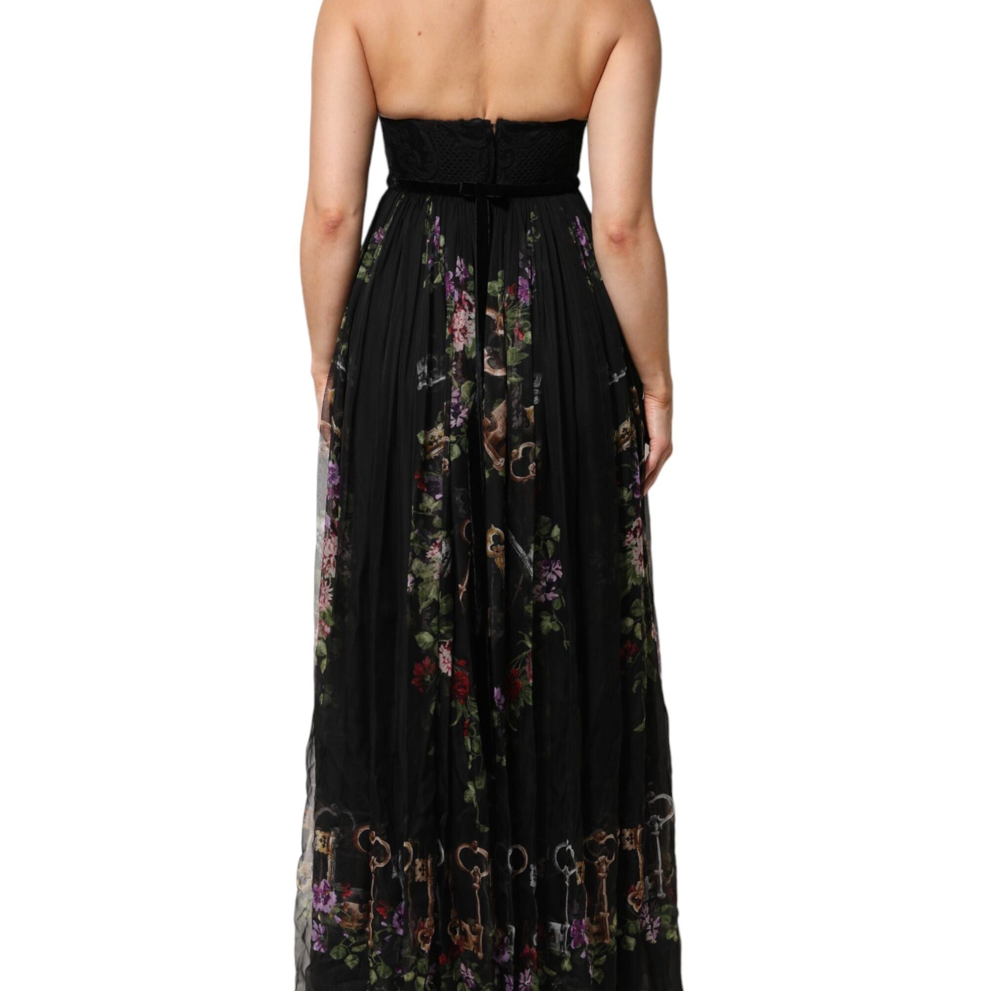 Dolce & Gabbana Black Floral Key Print Crystal Strapless Dress