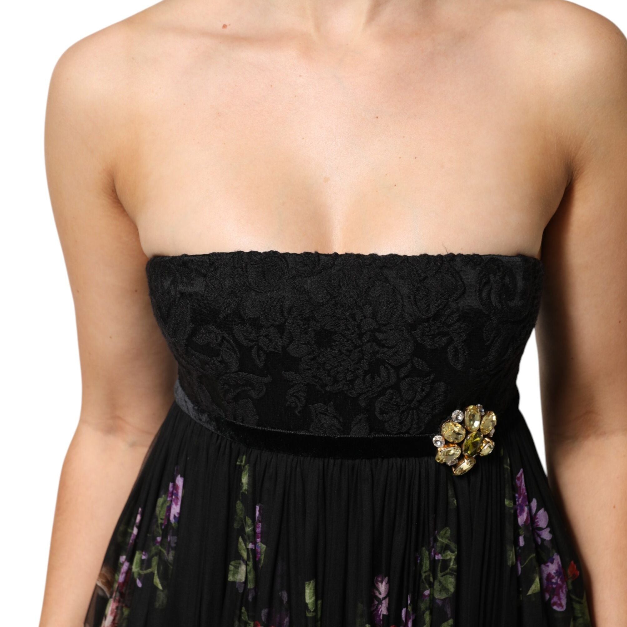 Dolce & Gabbana Black Floral Key Print Crystal Strapless Dress