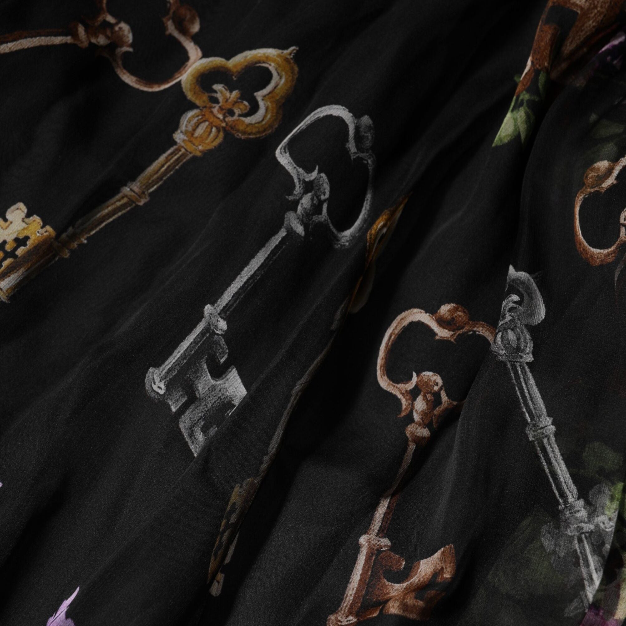 Dolce & Gabbana Black Floral Key Print Crystal Strapless Dress