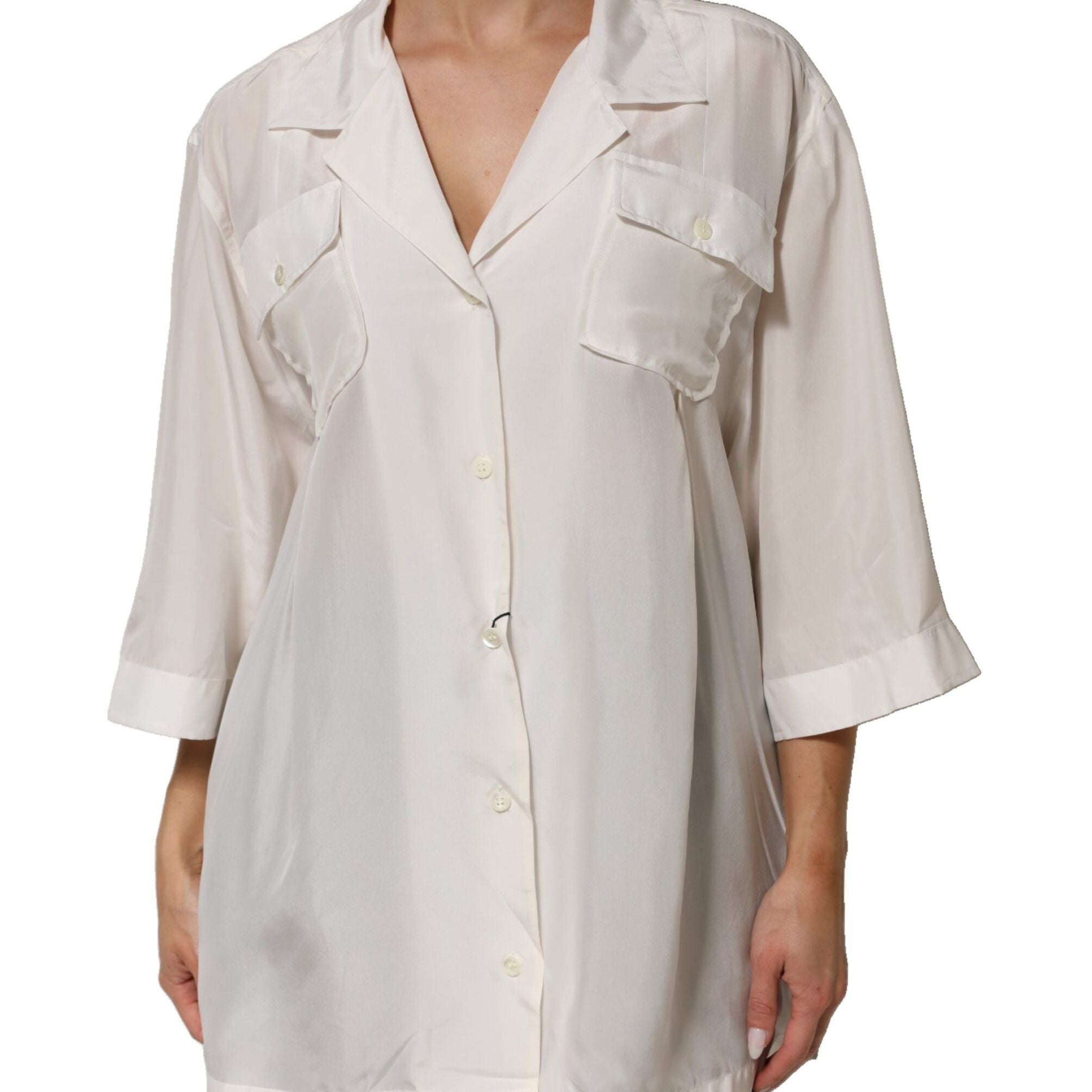 Dolce & Gabbana White Silk Collared 3/4 Sleeves Blouse Top