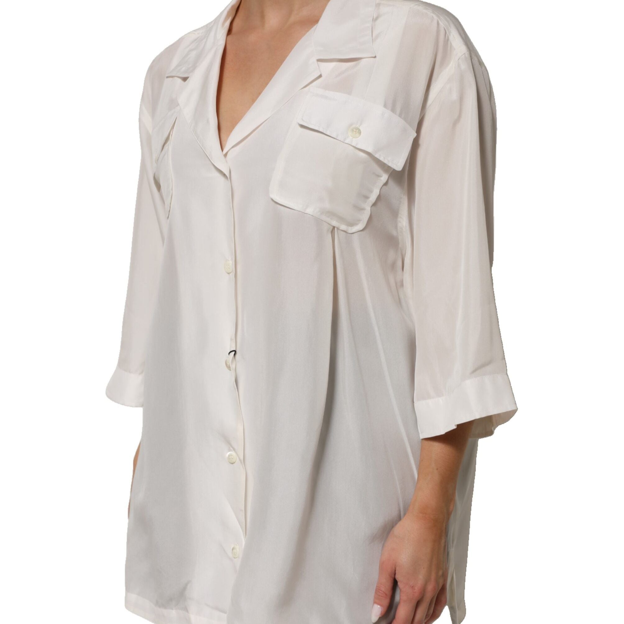Dolce & Gabbana White Silk Collared 3/4 Sleeves Blouse Top