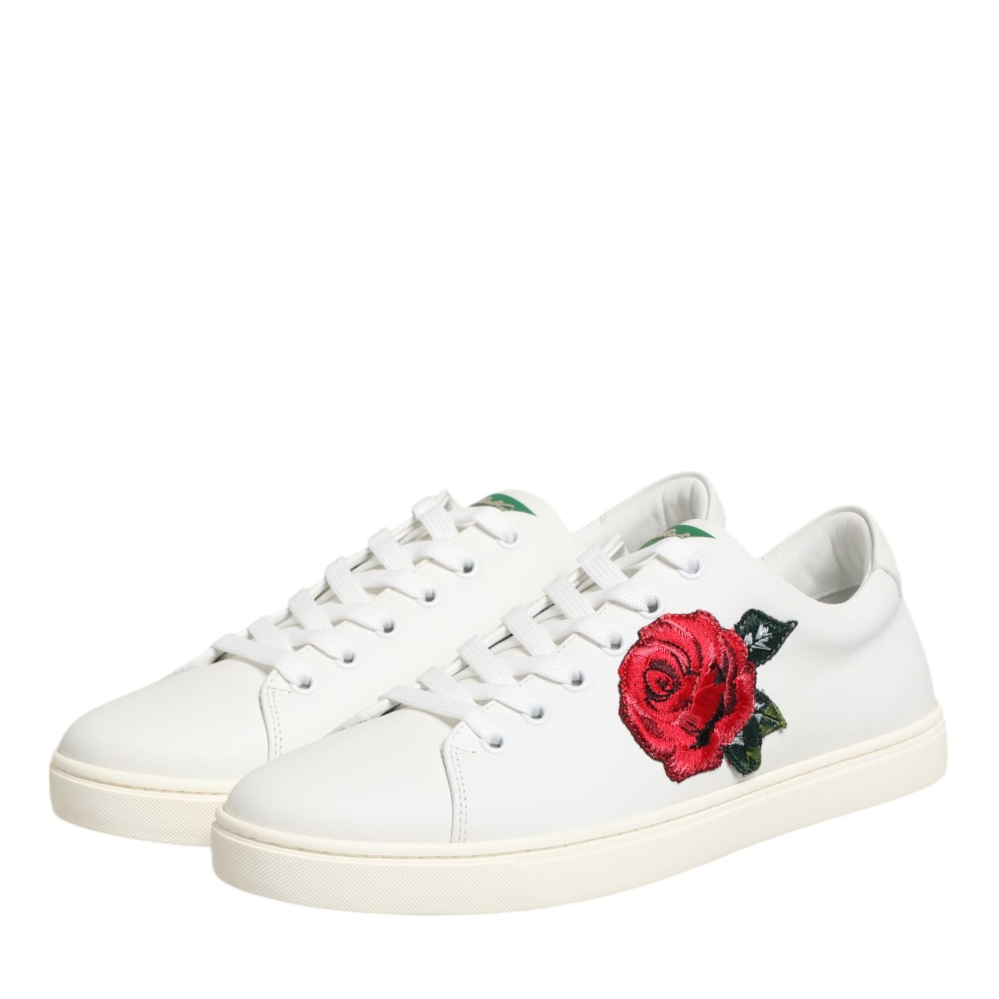 Dolce & Gabbana White Leather Rose Embroidery Low-Top Shoes