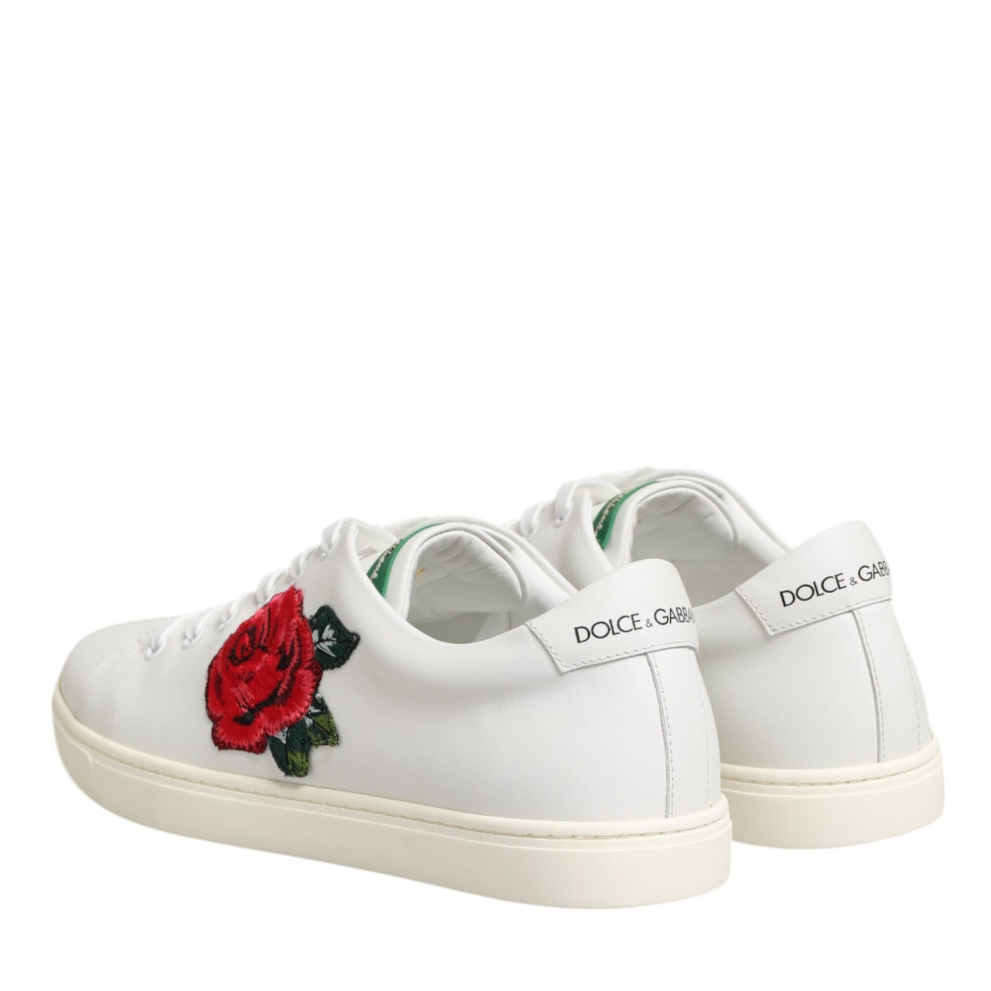 Dolce & Gabbana White Leather Rose Embroidery Low-Top Shoes