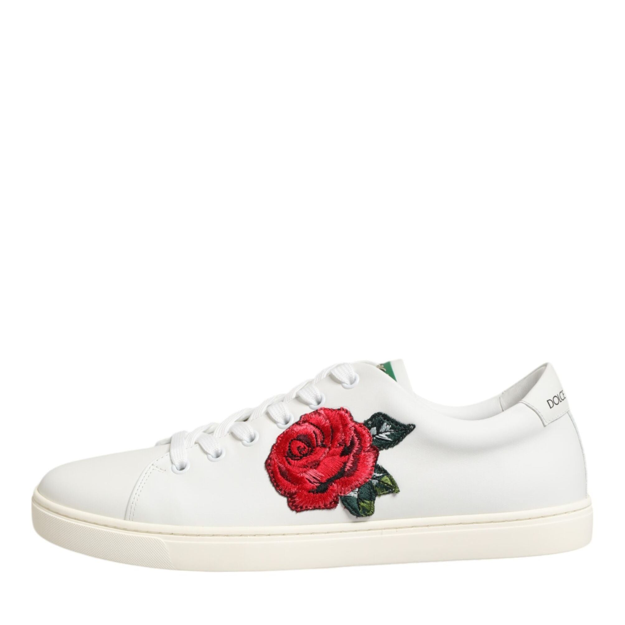Dolce & Gabbana White Leather Rose Embroidery Low-Top Shoes