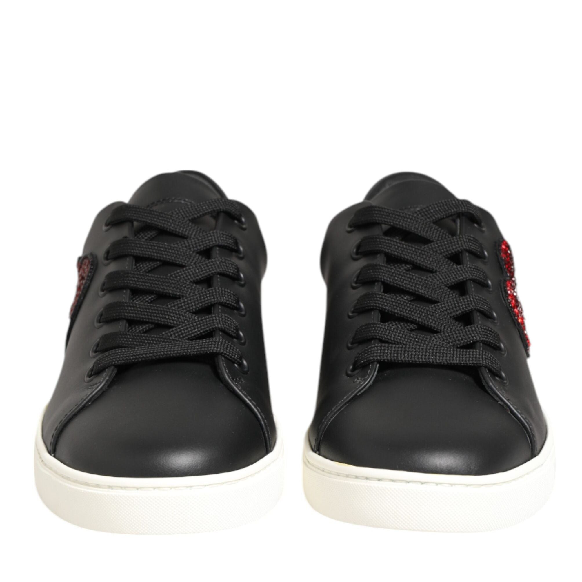 Dolce & Gabbana Black White Leather Crystal Heart Sneakers Shoes