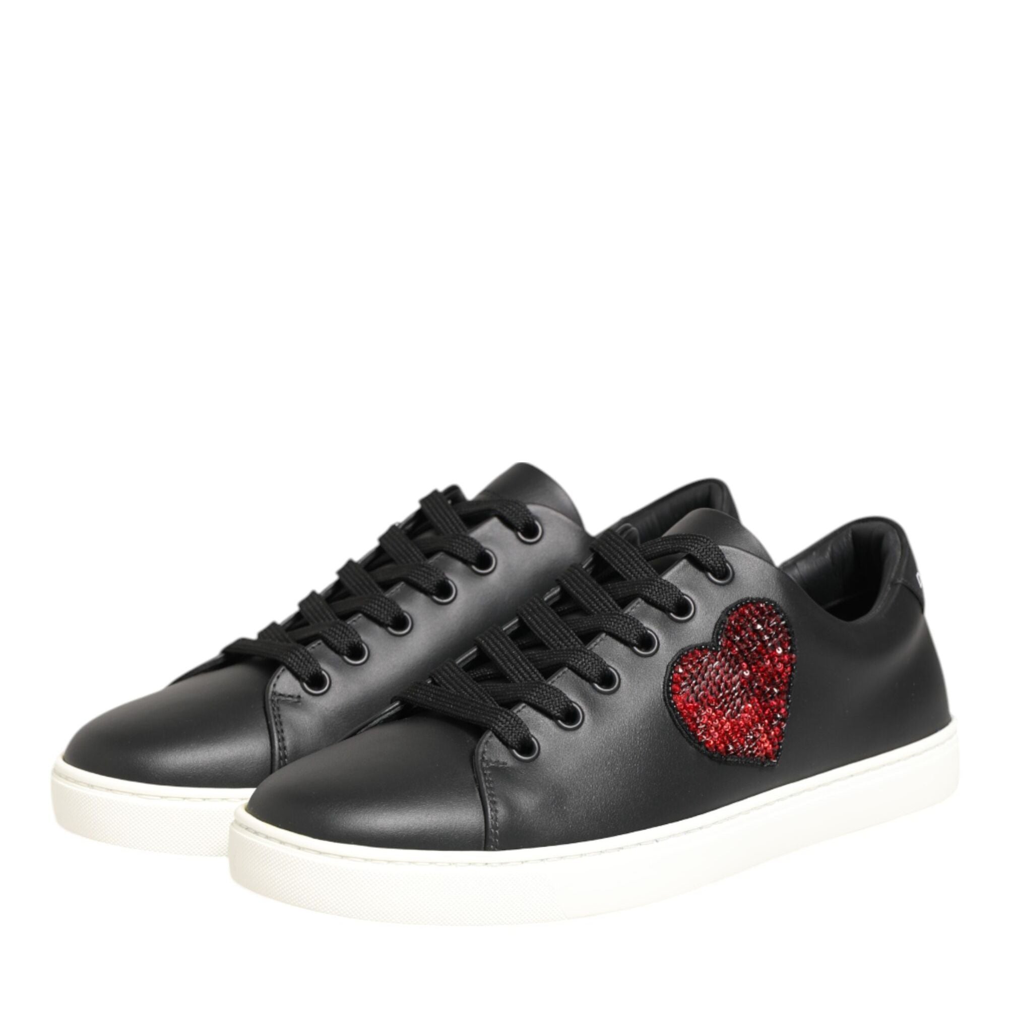 Dolce & Gabbana Black White Leather Crystal Heart Sneakers Shoes