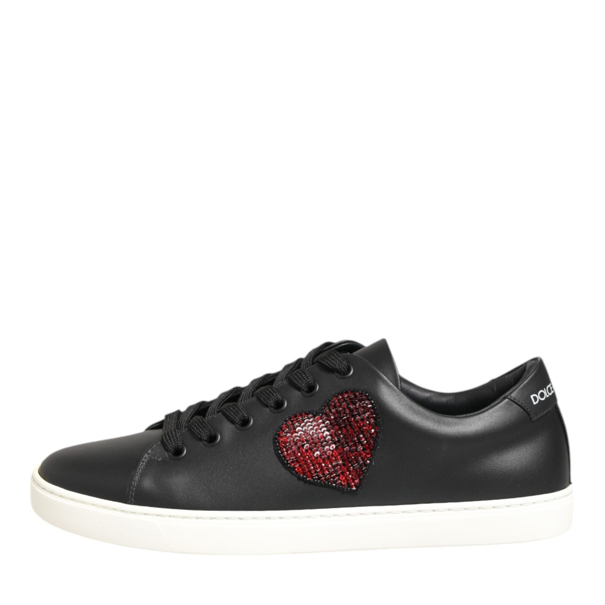 Dolce & Gabbana Black White Leather Crystal Heart Sneakers Shoes