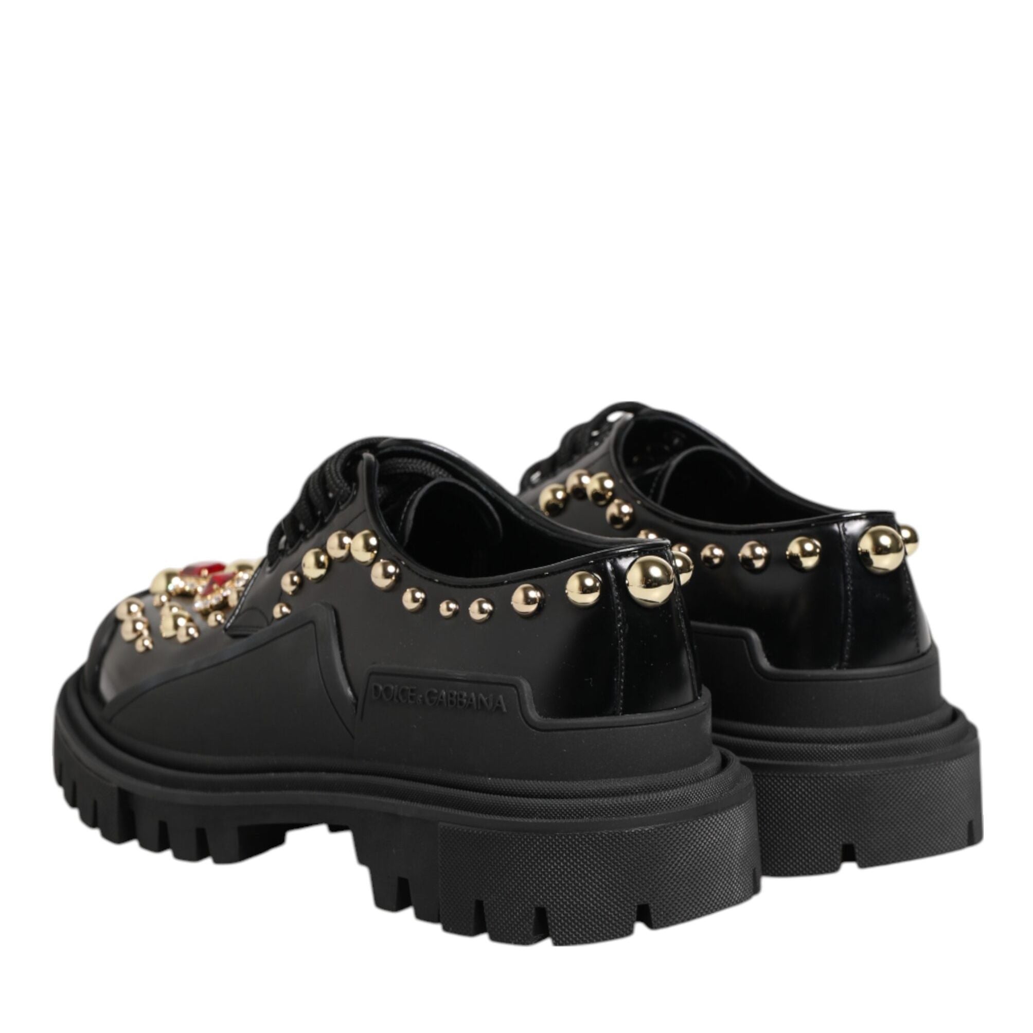 Dolce & Gabbana Black Leather Jeweled Crystals Derby Shoes