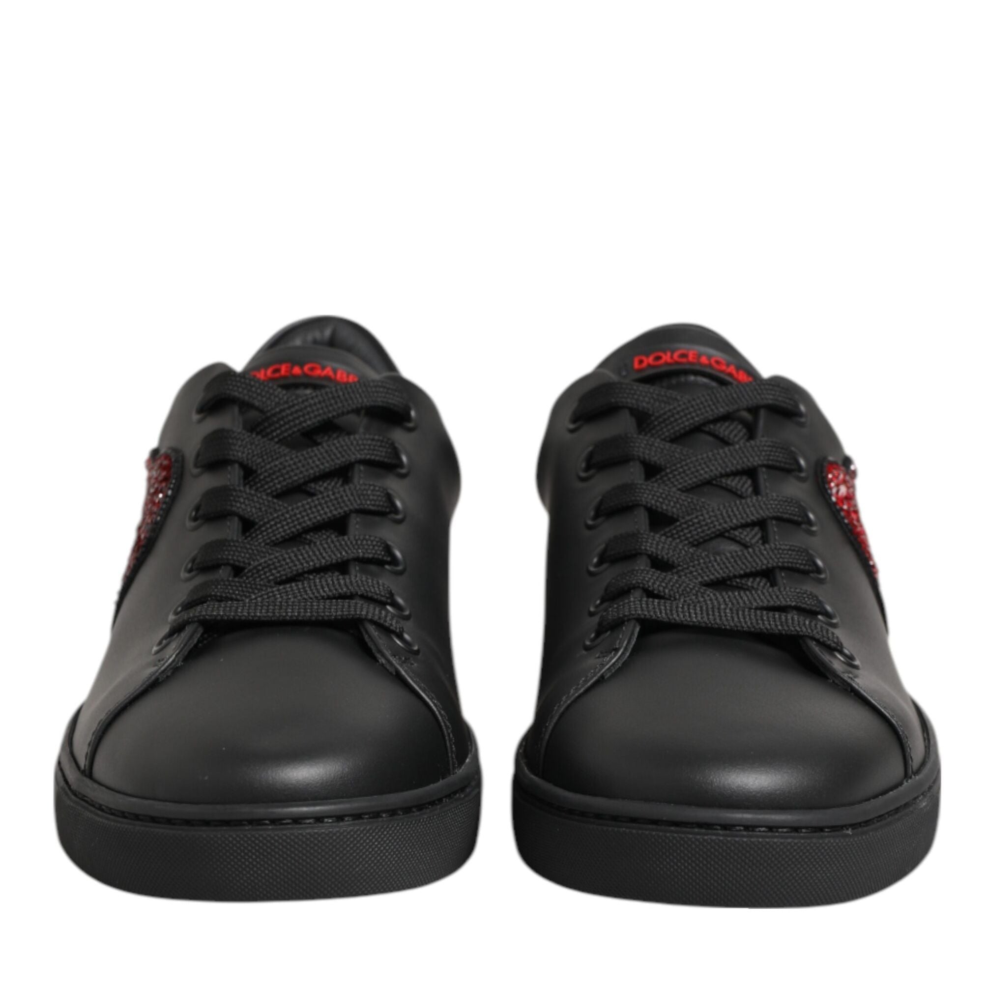 Dolce & Gabbana Black Leather Crystal Heart Low Top Sneakers Shoes