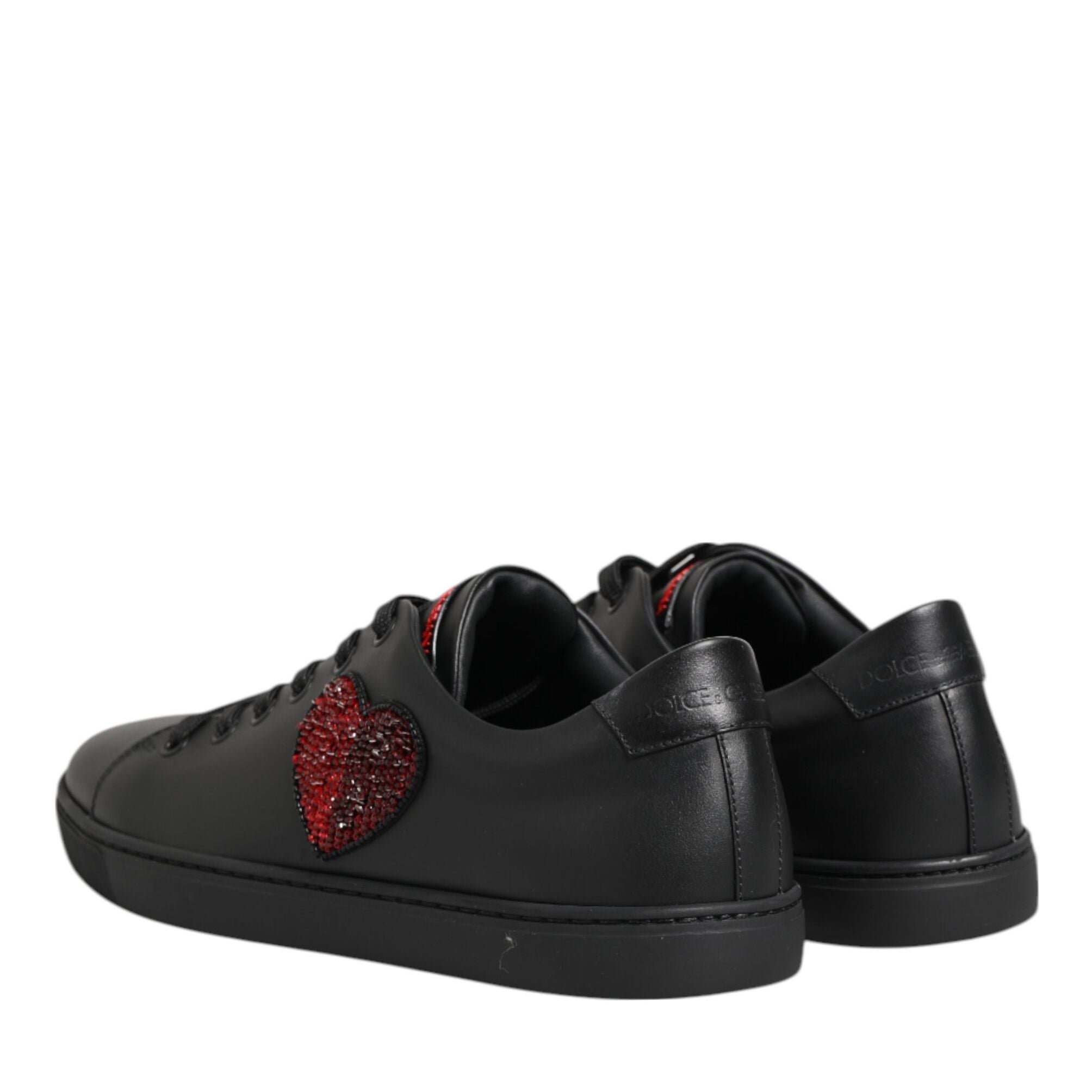 Dolce & Gabbana Black Leather Crystal Heart Low Top Sneakers Shoes