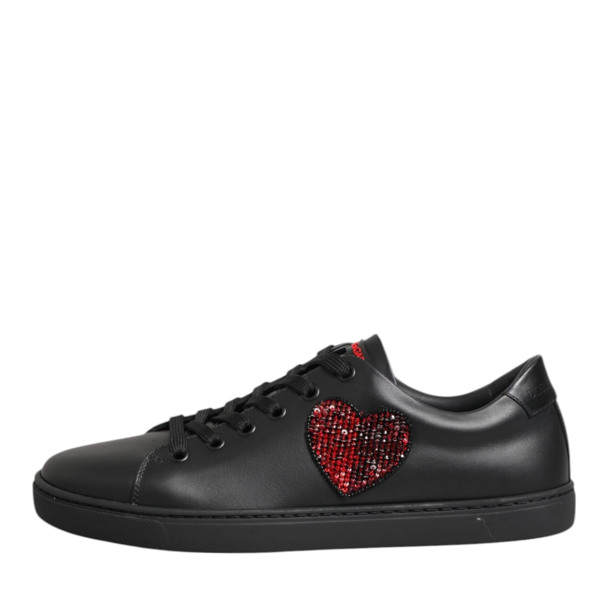 Dolce & Gabbana Black Leather Crystal Heart Low Top Sneakers Shoes