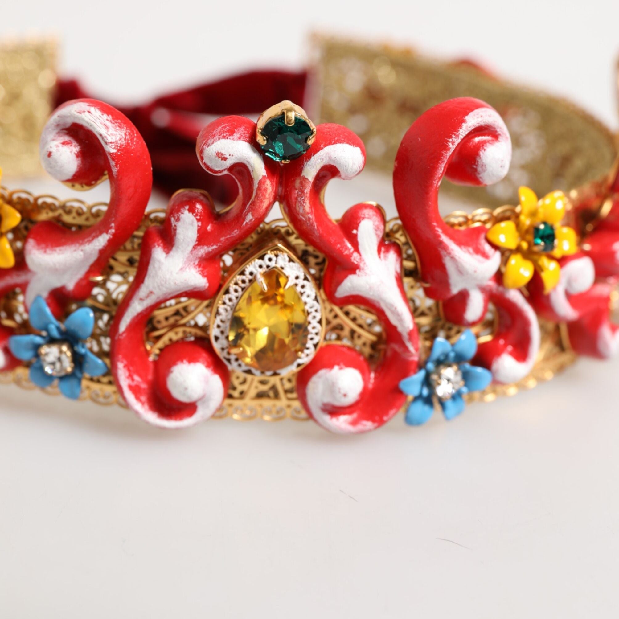 Dolce & Gabbana Red Carretto Multicolor Crystal Gold Tiara Crow Headband