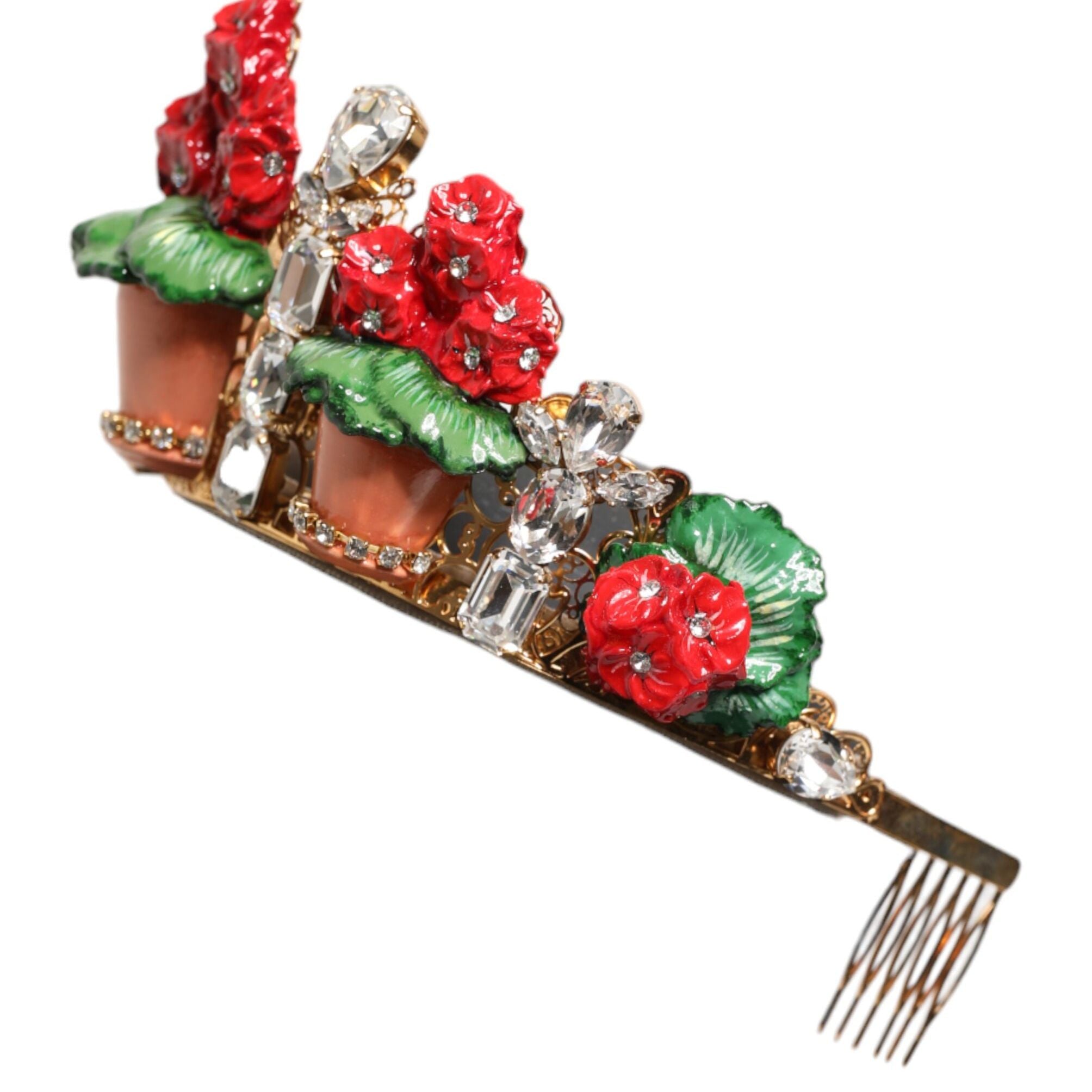 Dolce & Gabbana Red Floral Flowerpot Crystal Gold Crown Tiara Headband