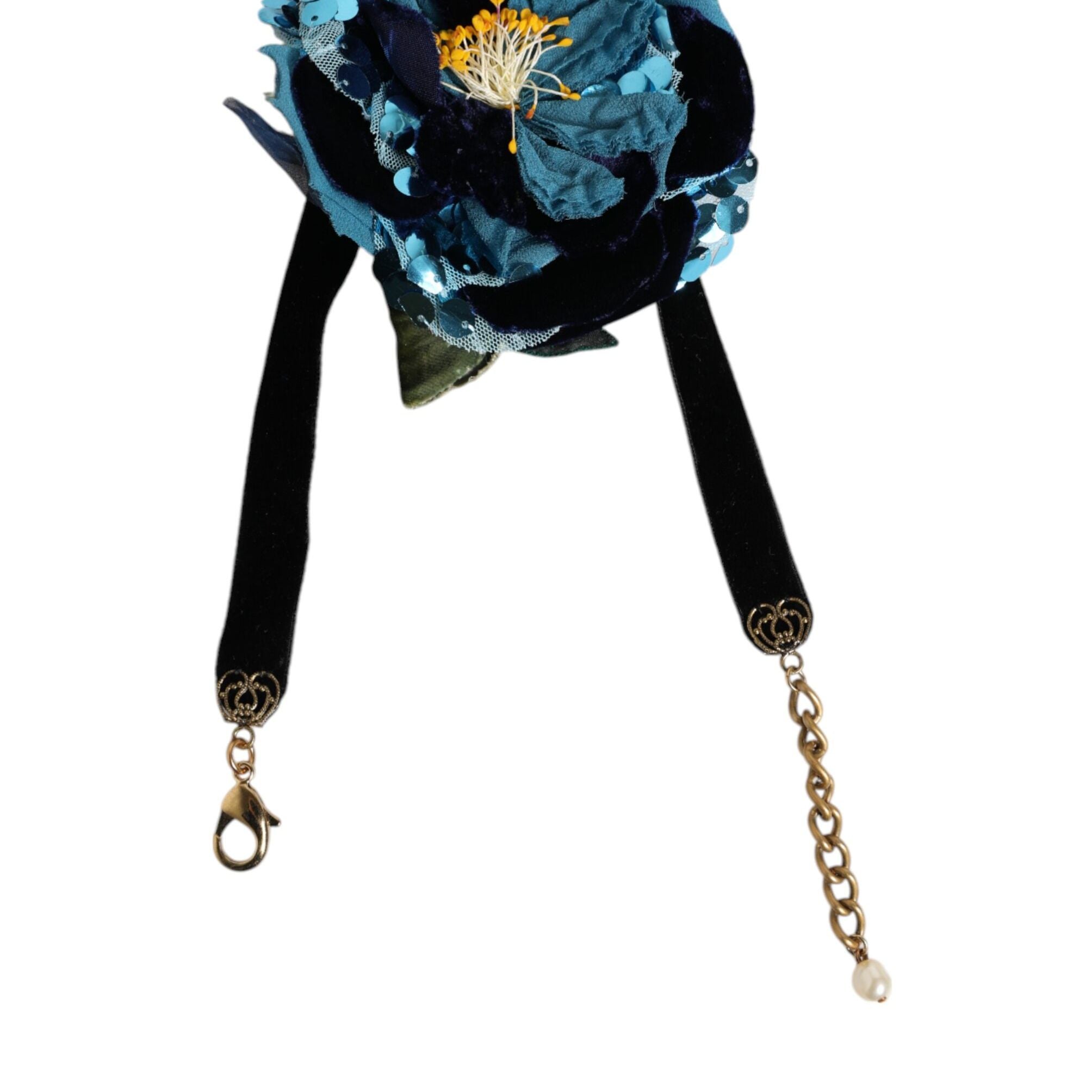 Dolce & Gabbana Blue Floral Appliqué Velvet Choker Crystal Beads Necklace