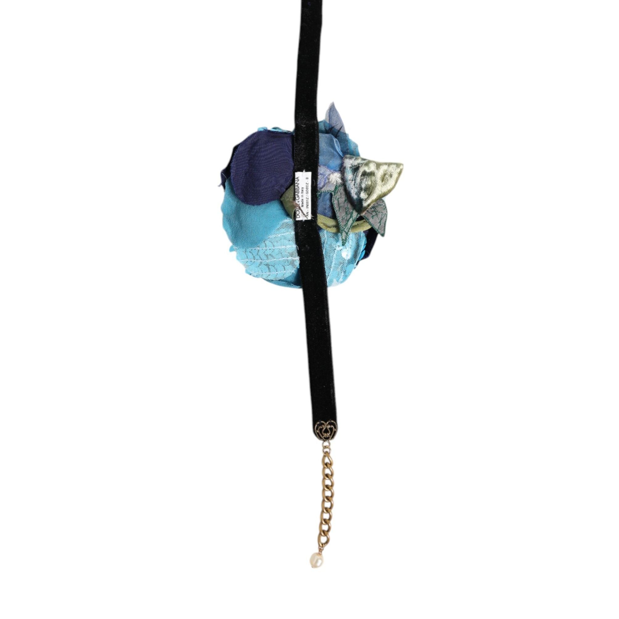 Dolce & Gabbana Blue Floral Appliqué Velvet Choker Crystal Beads Necklace