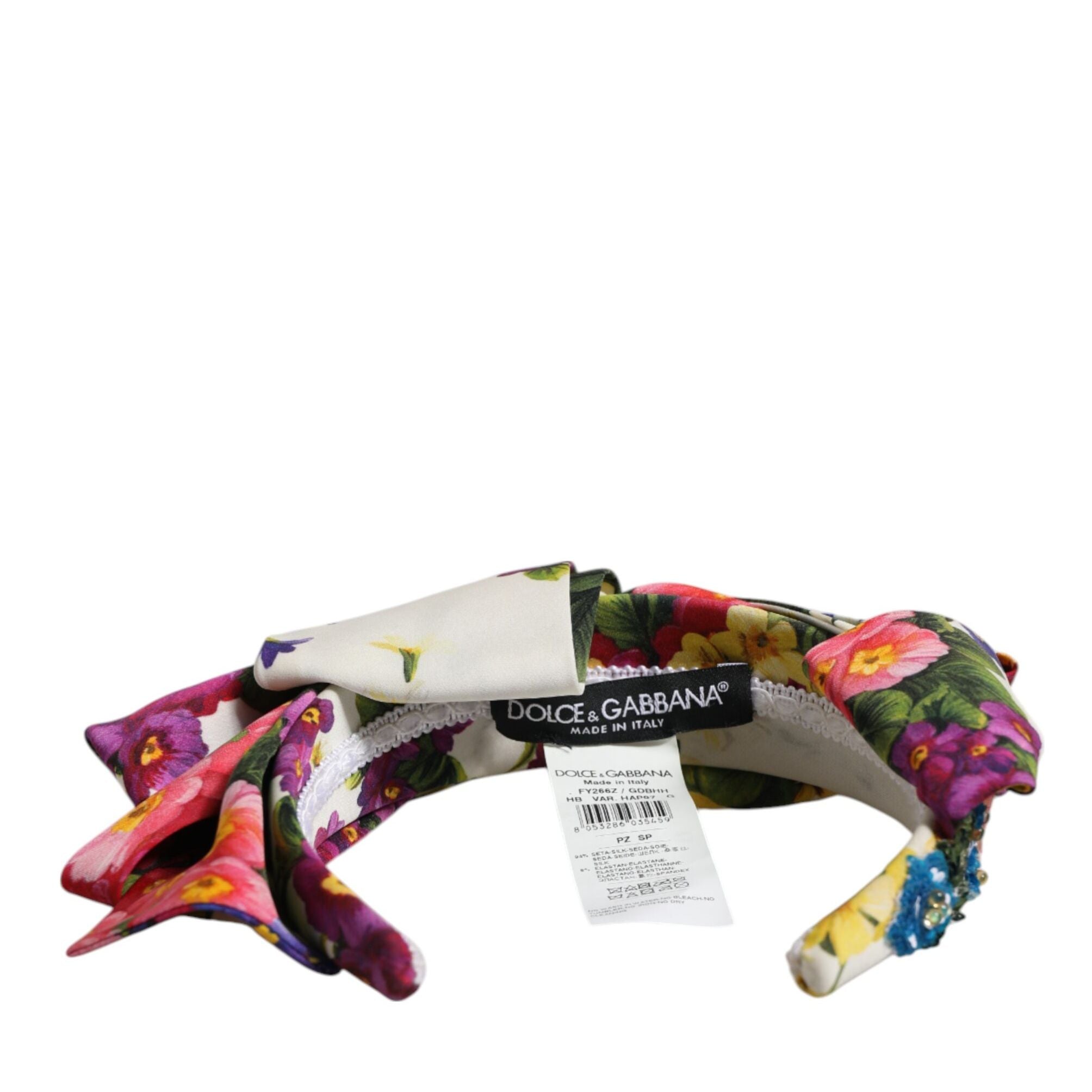 Dolce & Gabbana White Multicolor Floral Silk Bow Crystal Embellished Headband