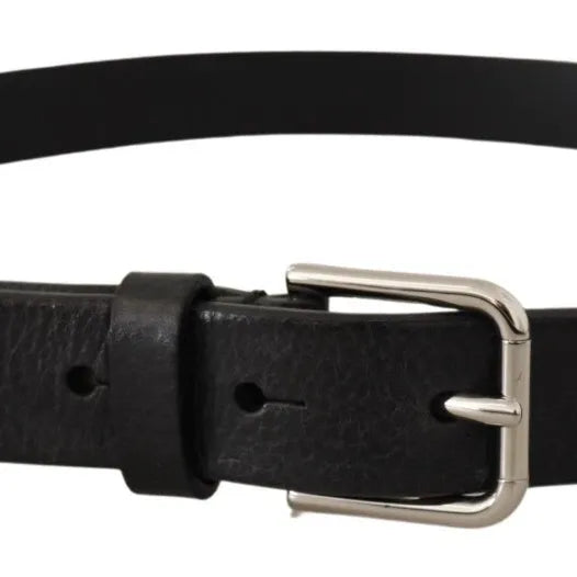 Dolce & Gabbana Calf Leather Silver Tone Black Metal Buckle Belt