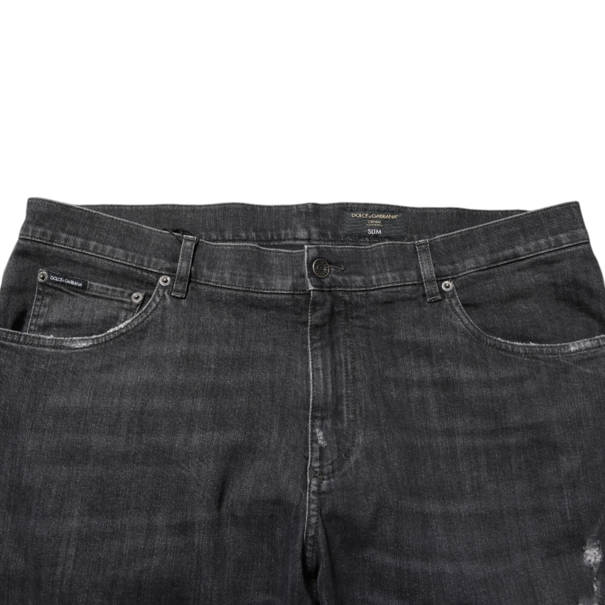 Dolce & Gabbana Black Cotton Slim Fit Distressed Ripped Logo Jeans