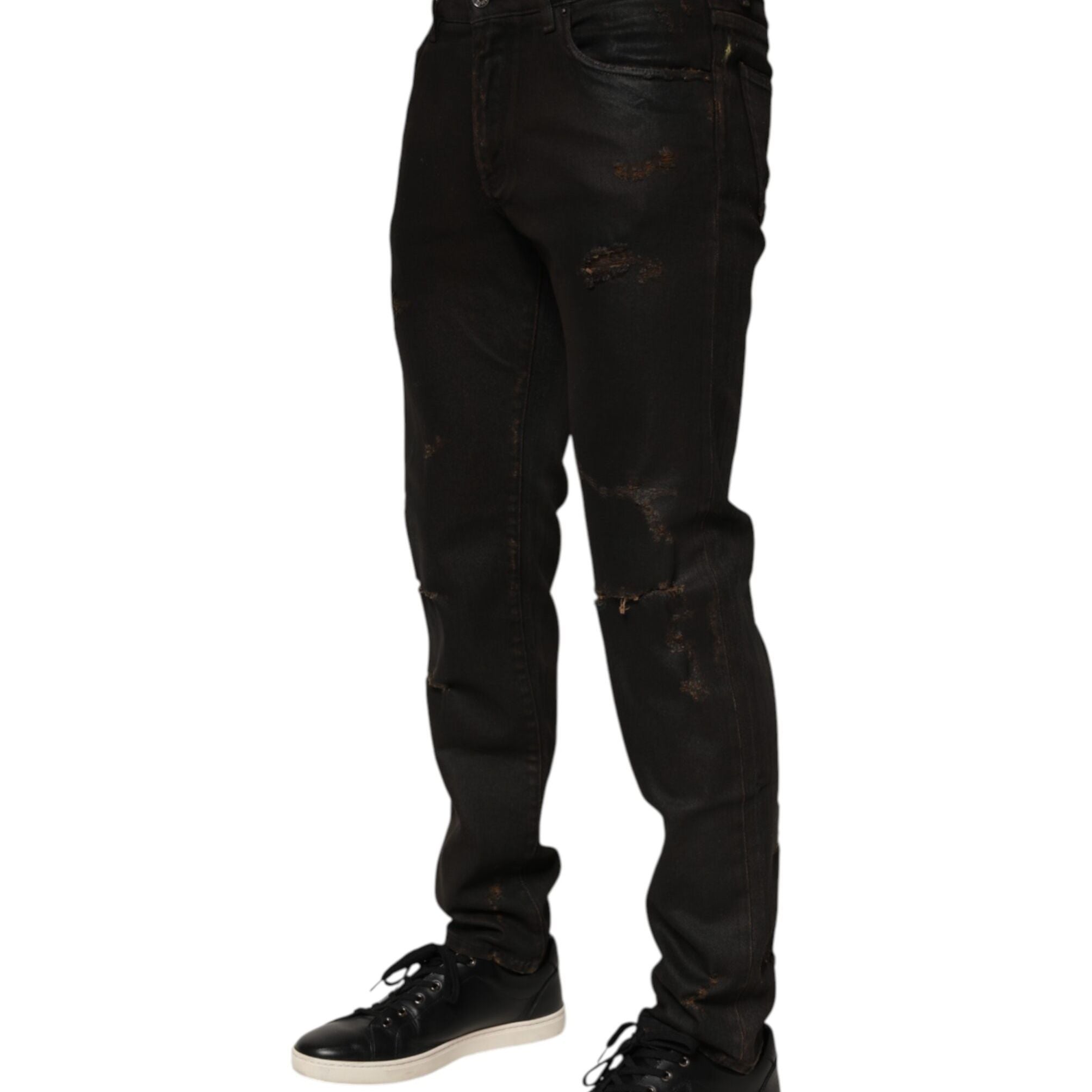 Dolce & Gabbana Dark Brown Tattered Cotton Skinny Denim Jeans