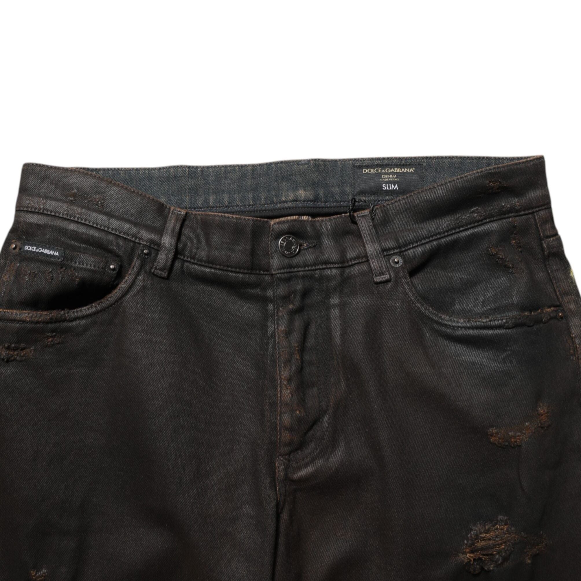 Dolce & Gabbana Dark Brown Tattered Cotton Skinny Denim Jeans