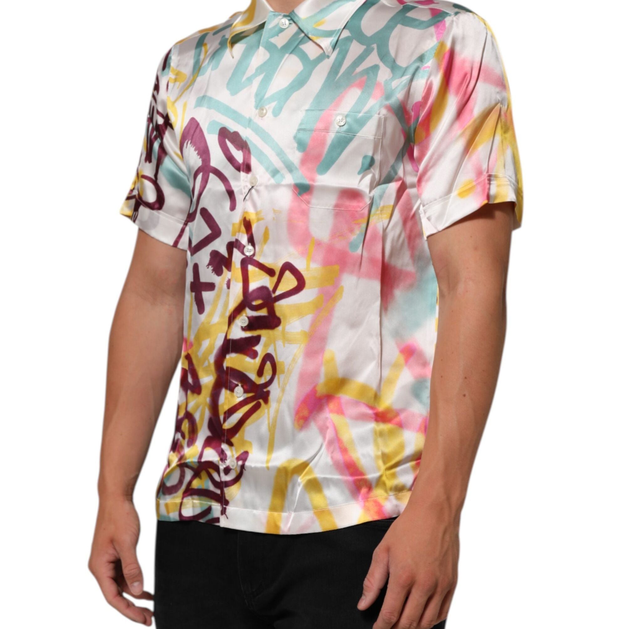 Dolce & Gabbana White Silk Hawaiian Graffiti Print Men Casual Shirt