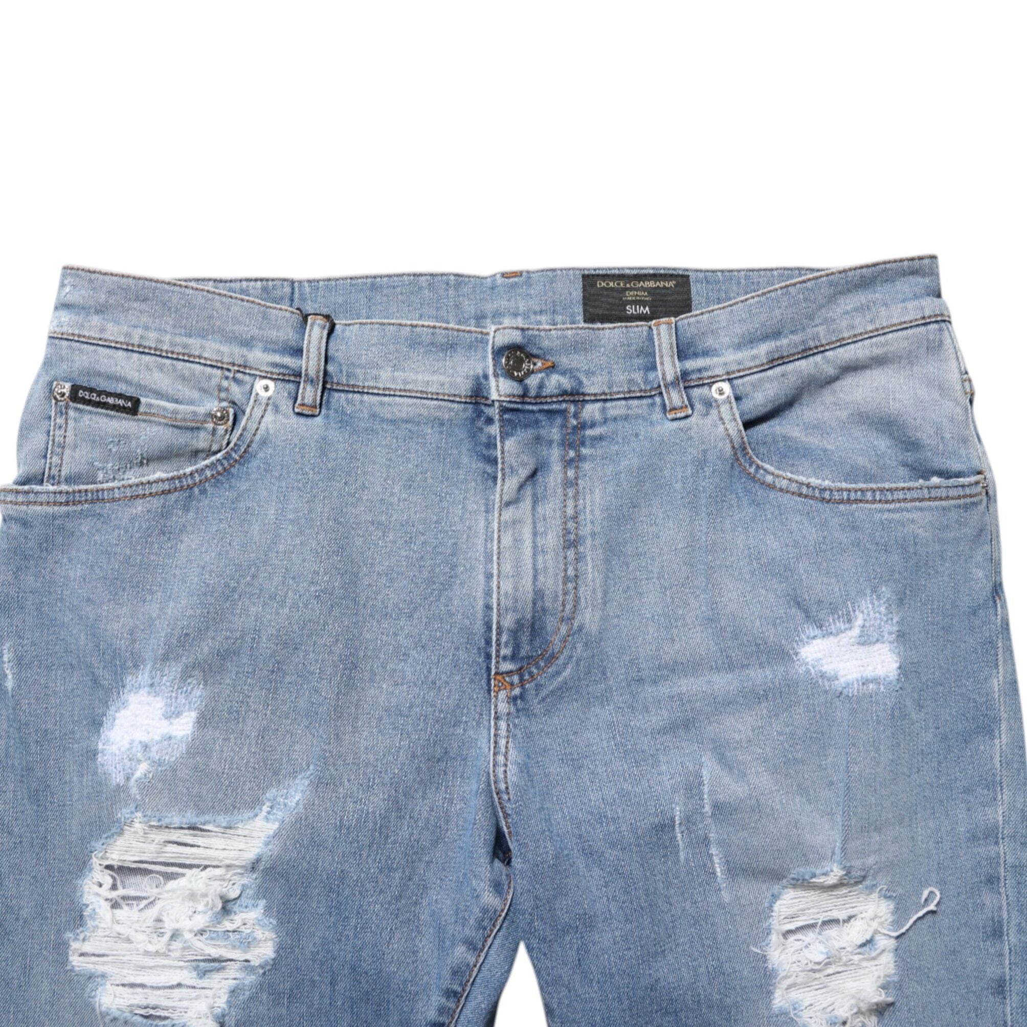 Dolce & Gabbana Blue Tattered Slim Fit Cotton Denim Jeans